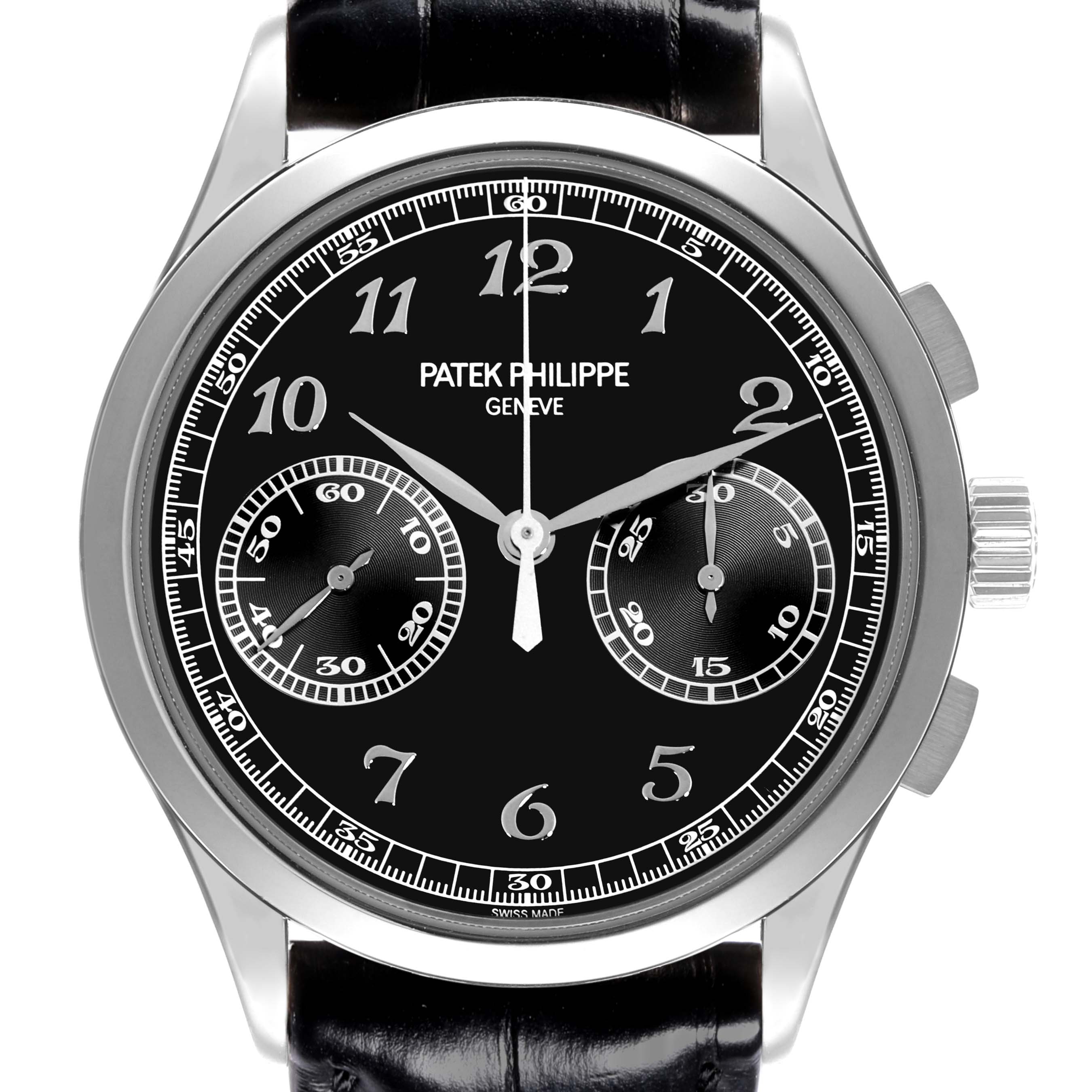 The Patek Philippe Complications 5170G-010 Men's White Gold Black Dial 5170G-010 Men's White Gold Black Dial watch is shown from the front, displaying its black dial, numerals, and chronograph subdials.