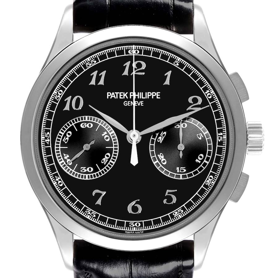 The Patek Philippe Complications watch is shown from the front, displaying its black dial, numerals, and chronograph subdials.