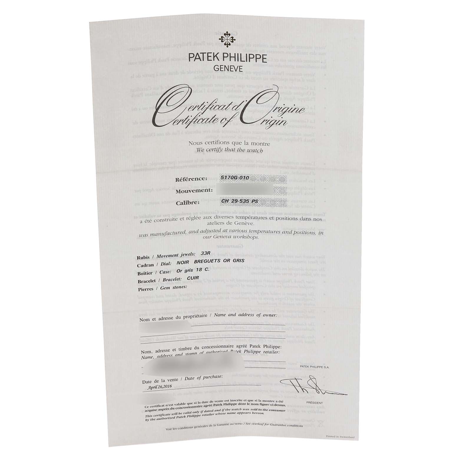The image shows a certificate of origin for a Patek Philippe Complications 5170G-010 Men's White Gold Black Dial 5170G-010 Men's White Gold Black Dial watch, detailing its specifications.