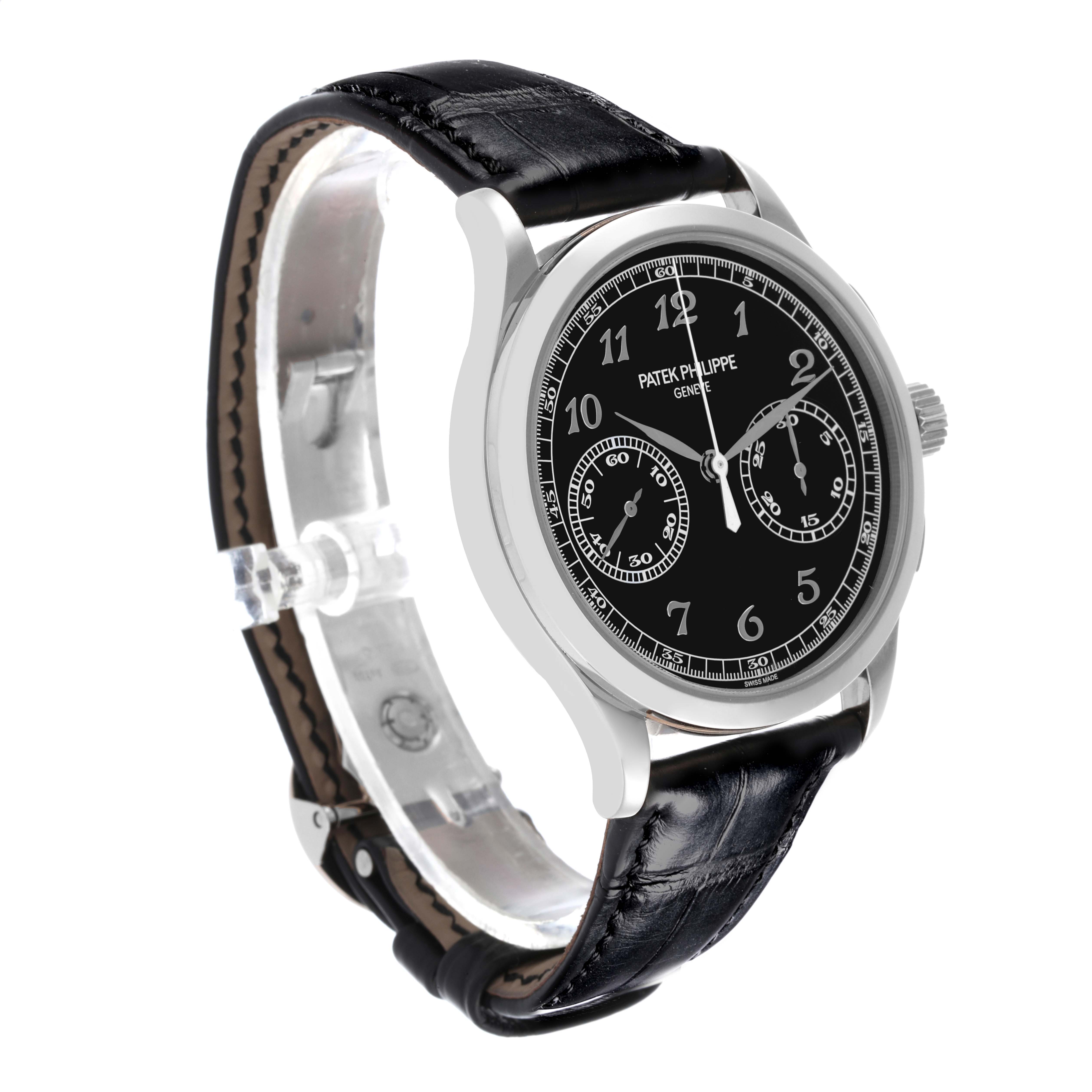 The Patek Philippe Complications 5170G-010 Men's White Gold Black Dial 5170G-010 Men's White Gold Black Dial watch is shown at a 3/4 angle, highlighting the dial, bezel, and leather strap.