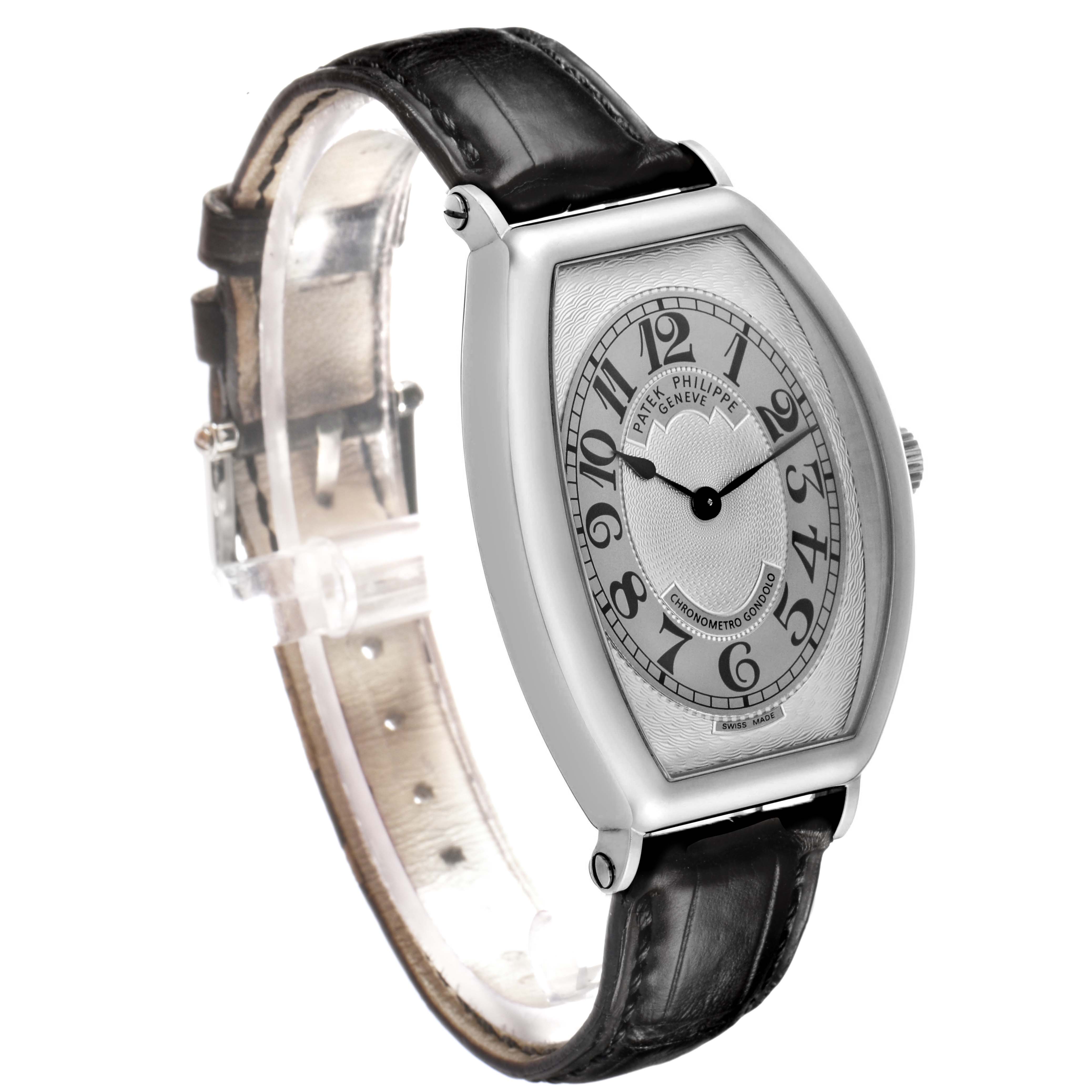 The Patek Philippe Gondolo 5098P Men's Platinum Silver Dial watch is shown at a slight angle, highlighting the dial, case, and leather strap.