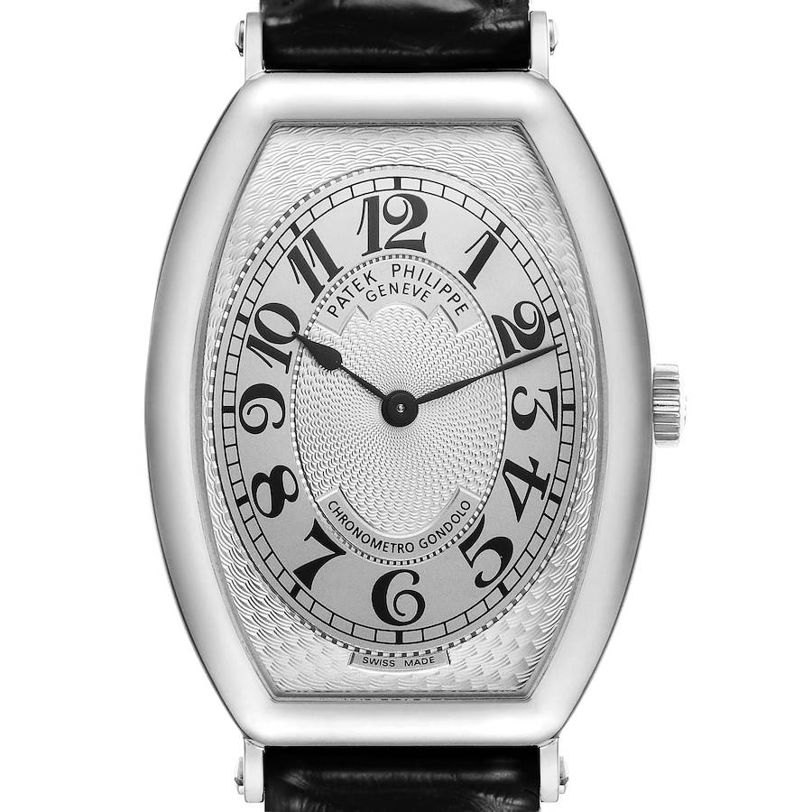 The Patek Philippe Gondolo 5098P Men's Platinum Silver Dial watch is shown from a frontal angle, displaying the dial, hands, and part of the leather strap.