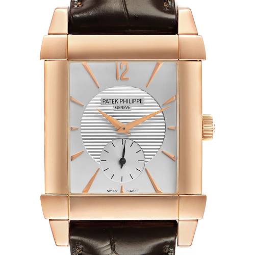 The Patek Philippe Gondolo 5111R-001 Men's Rose Gold Silver Dial watch is shown from a frontal angle, highlighting its rectangular face, rose gold case, and brown leather strap.