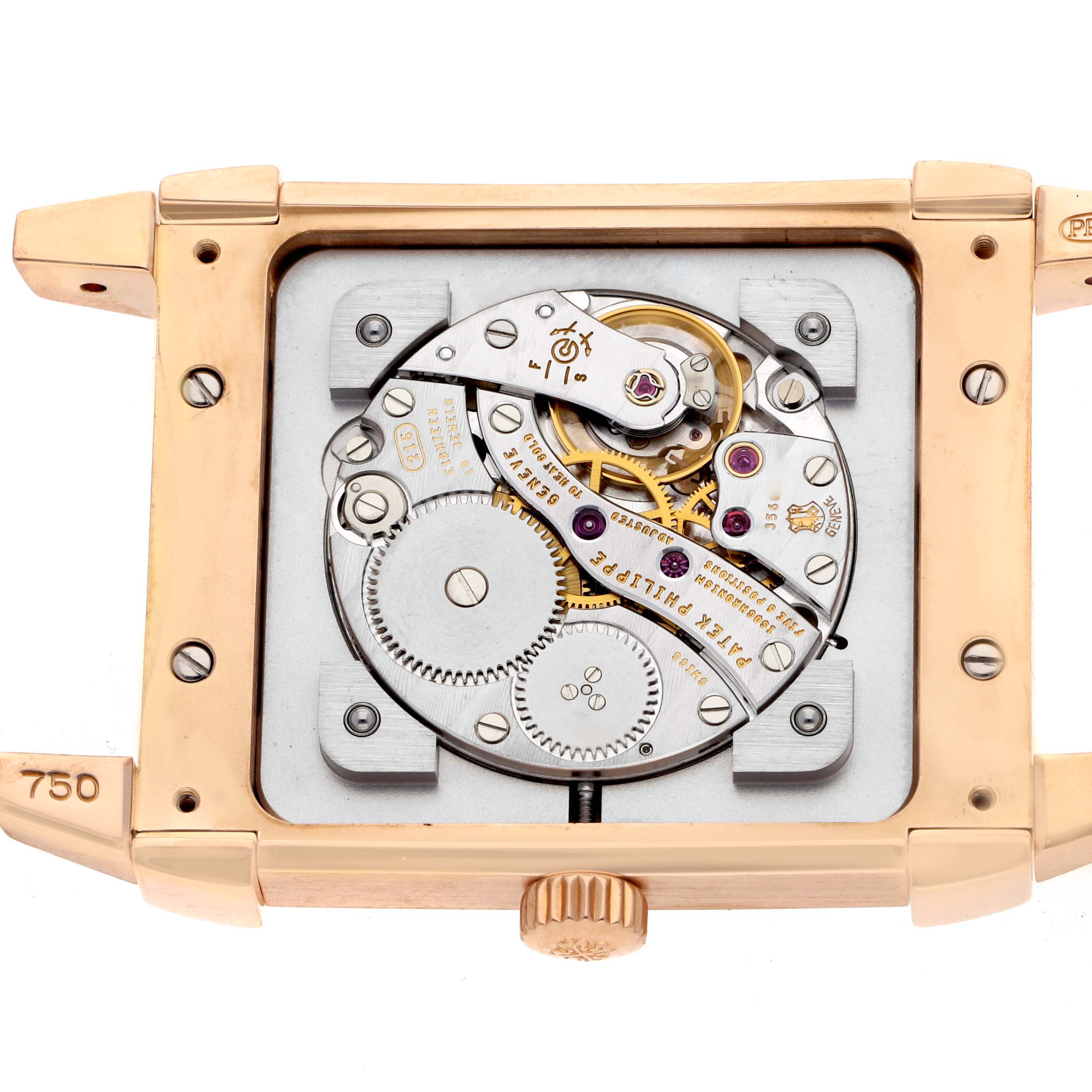 The image shows the movement mechanism of a Patek Philippe Gondolo 5111R-001 Men's Rose Gold Silver Dial watch from a back angle, highlighting gears and components.