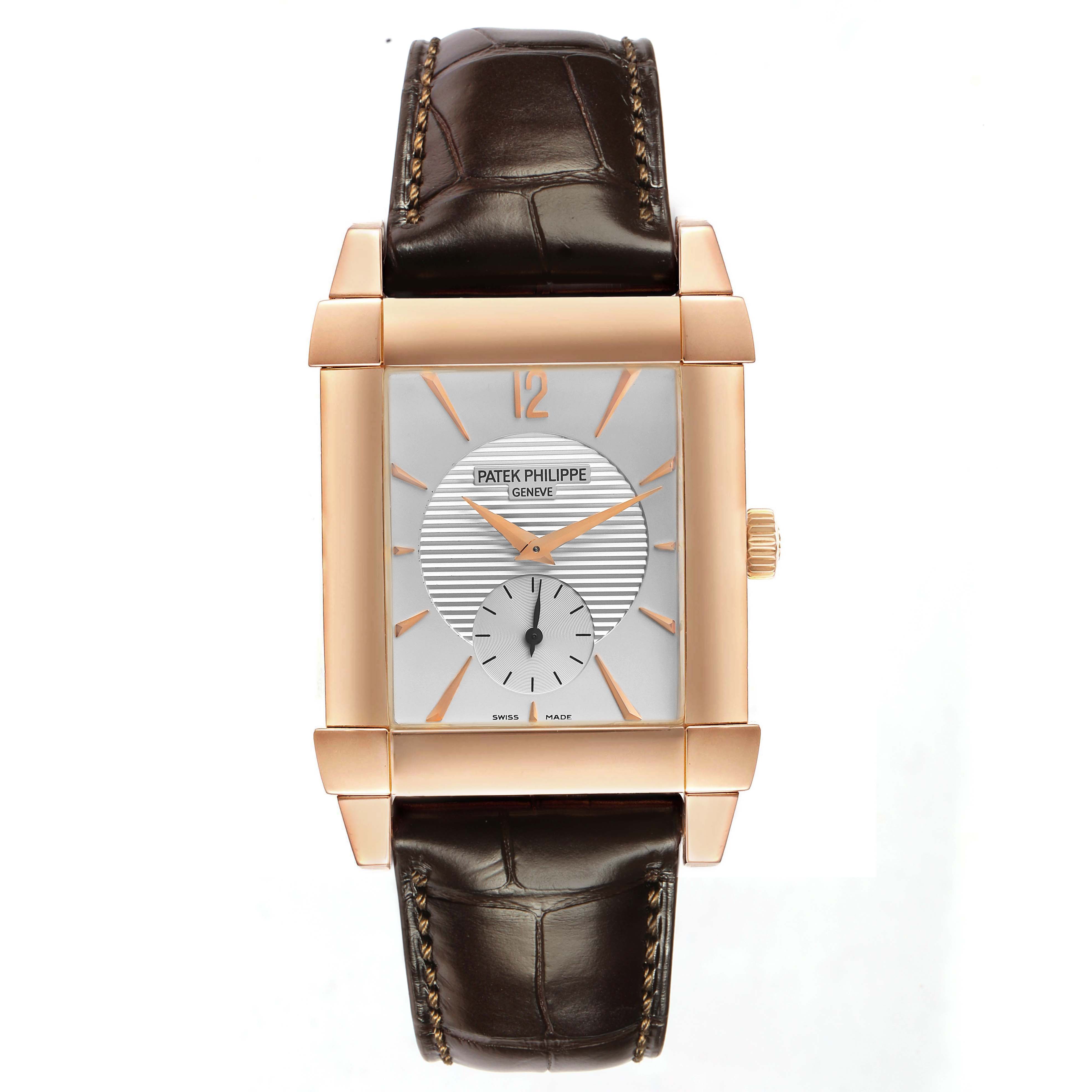 The Patek Philippe Gondolo 5111R-001 Men's Rose Gold Silver Dial watch is shown from a front angle, displaying the face, hands, case, and strap.