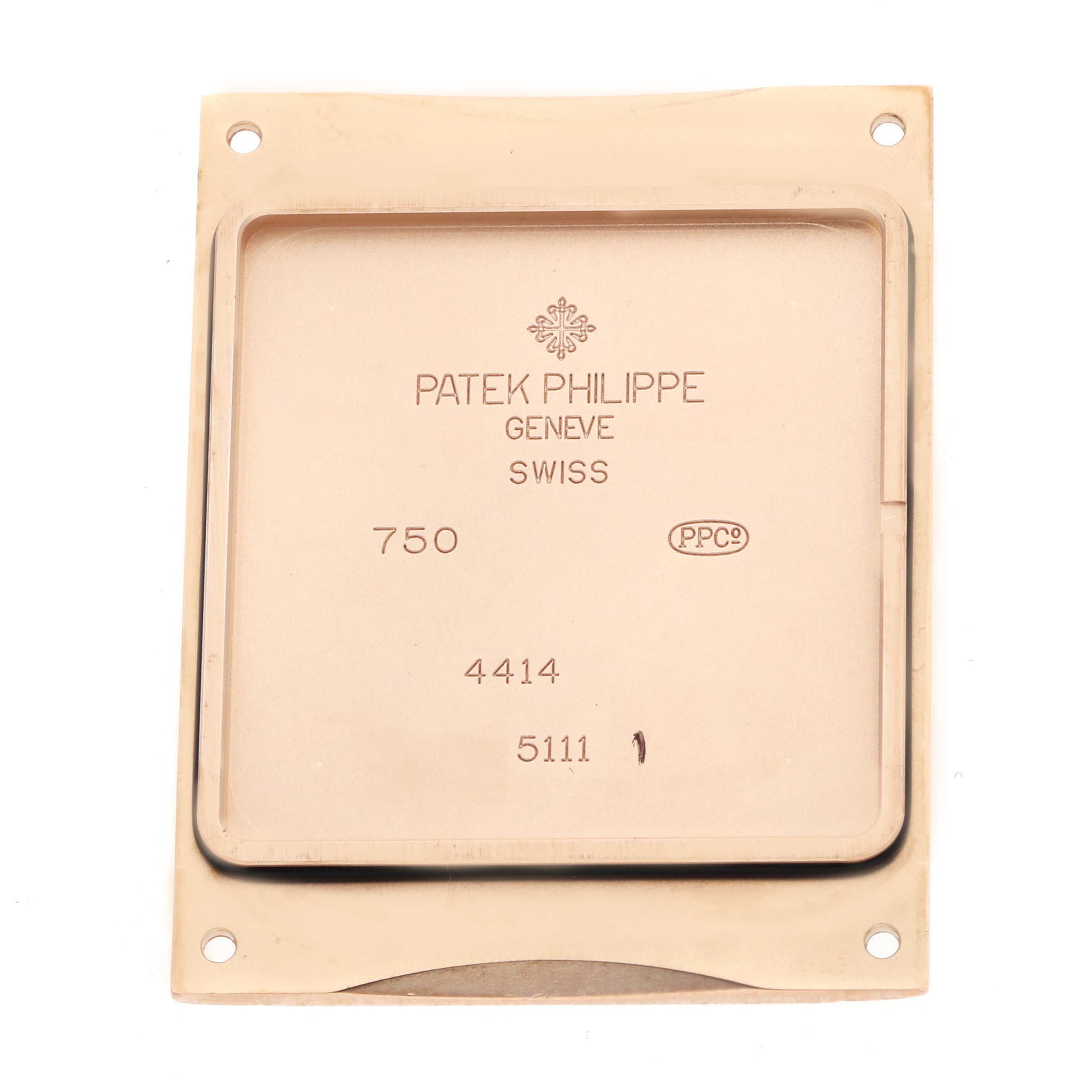 This image shows the case back of a Patek Philippe Gondolo 5111R-001 Men's Rose Gold Silver Dial watch, viewed from a top-down angle.