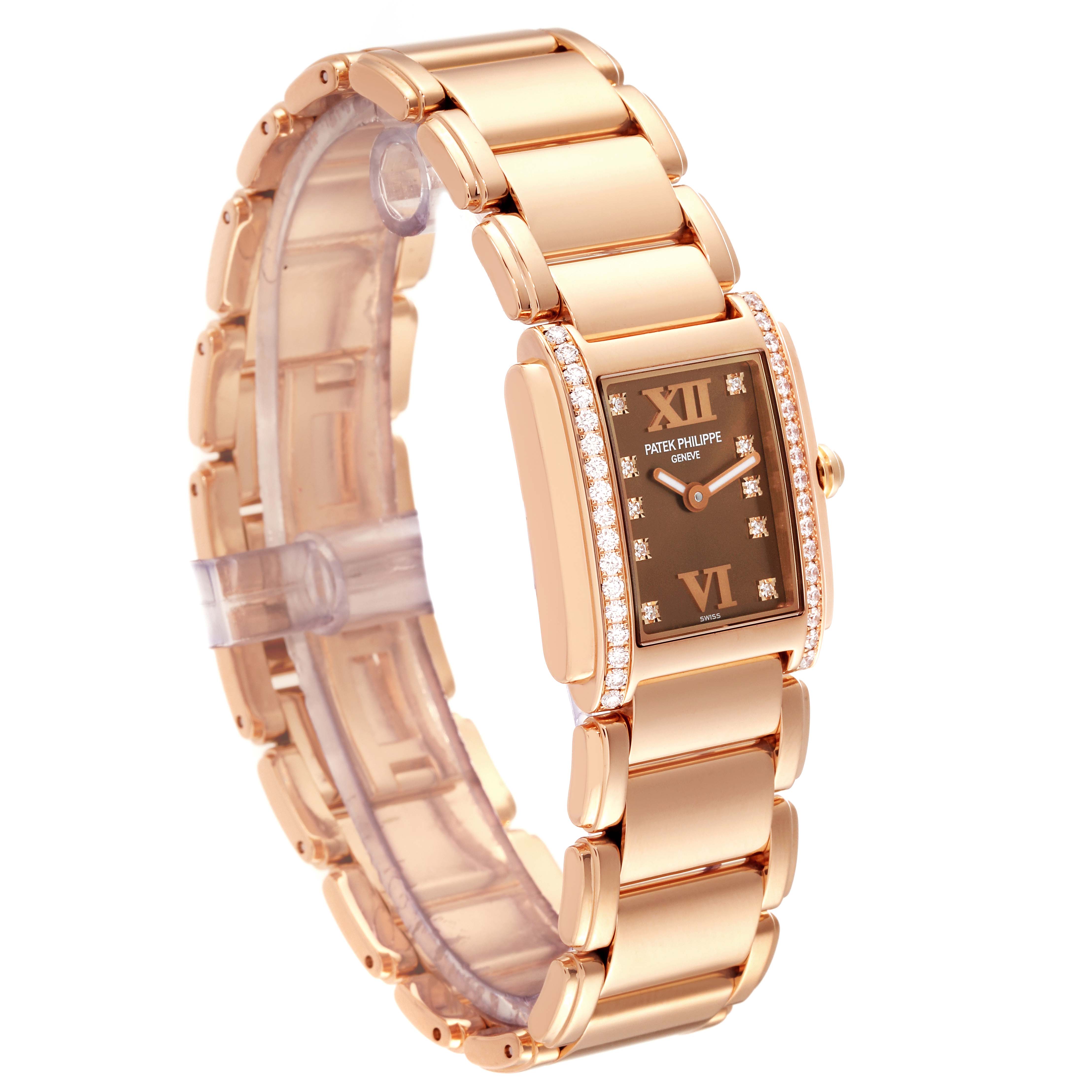This image shows a Patek Philippe Twenty-4 4908/11R Women's Rose Gold Brown Dial 4908/11R Women's Rose Gold Brown Dial watch at a slight angle, focusing on the dial and bracelet.
