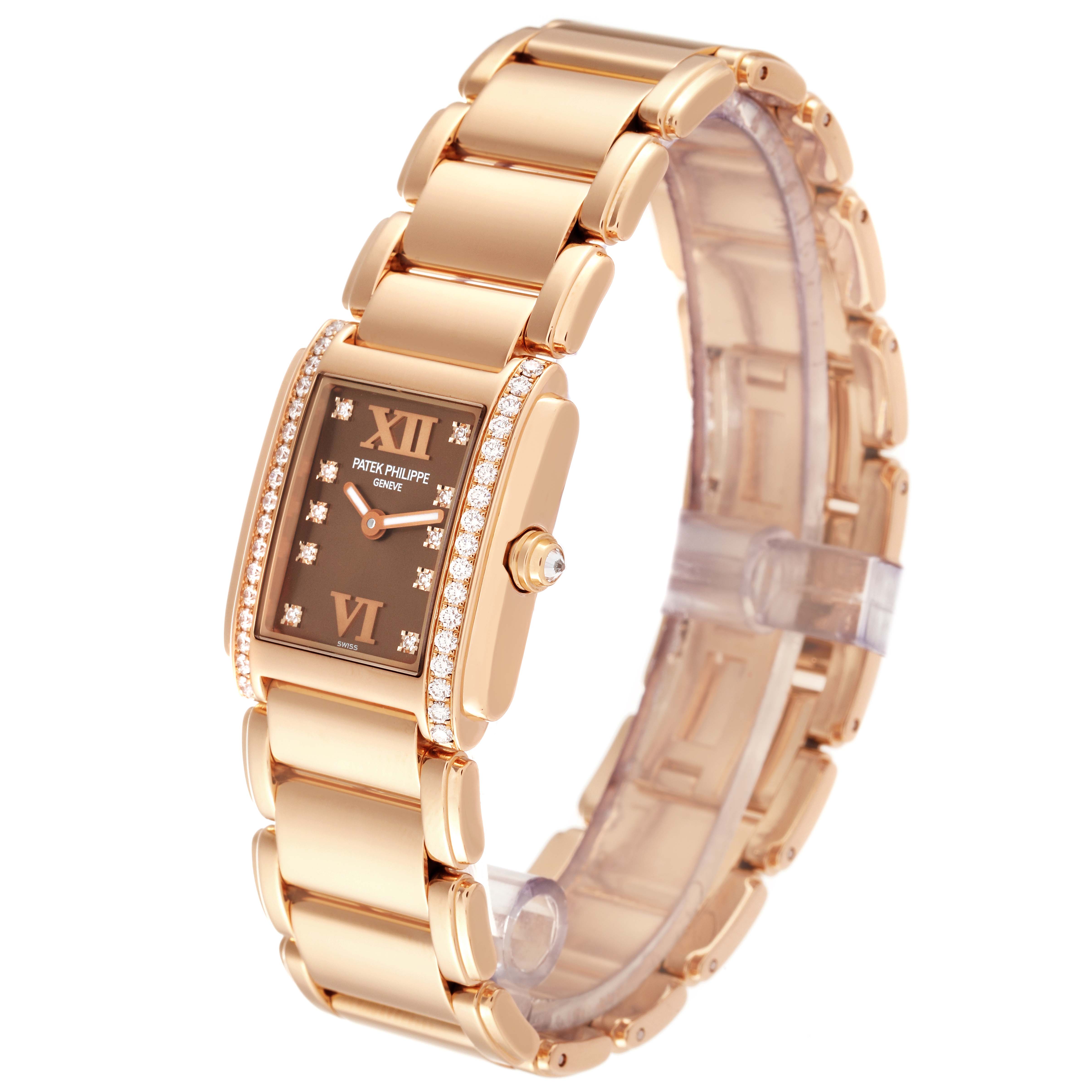 The image shows a Patek Philippe Twenty-4 4908/11R Women's Rose Gold Brown Dial 4908/11R Women's Rose Gold Brown Dial watch from an angled view, highlighting its gold bracelet and diamond bezel.