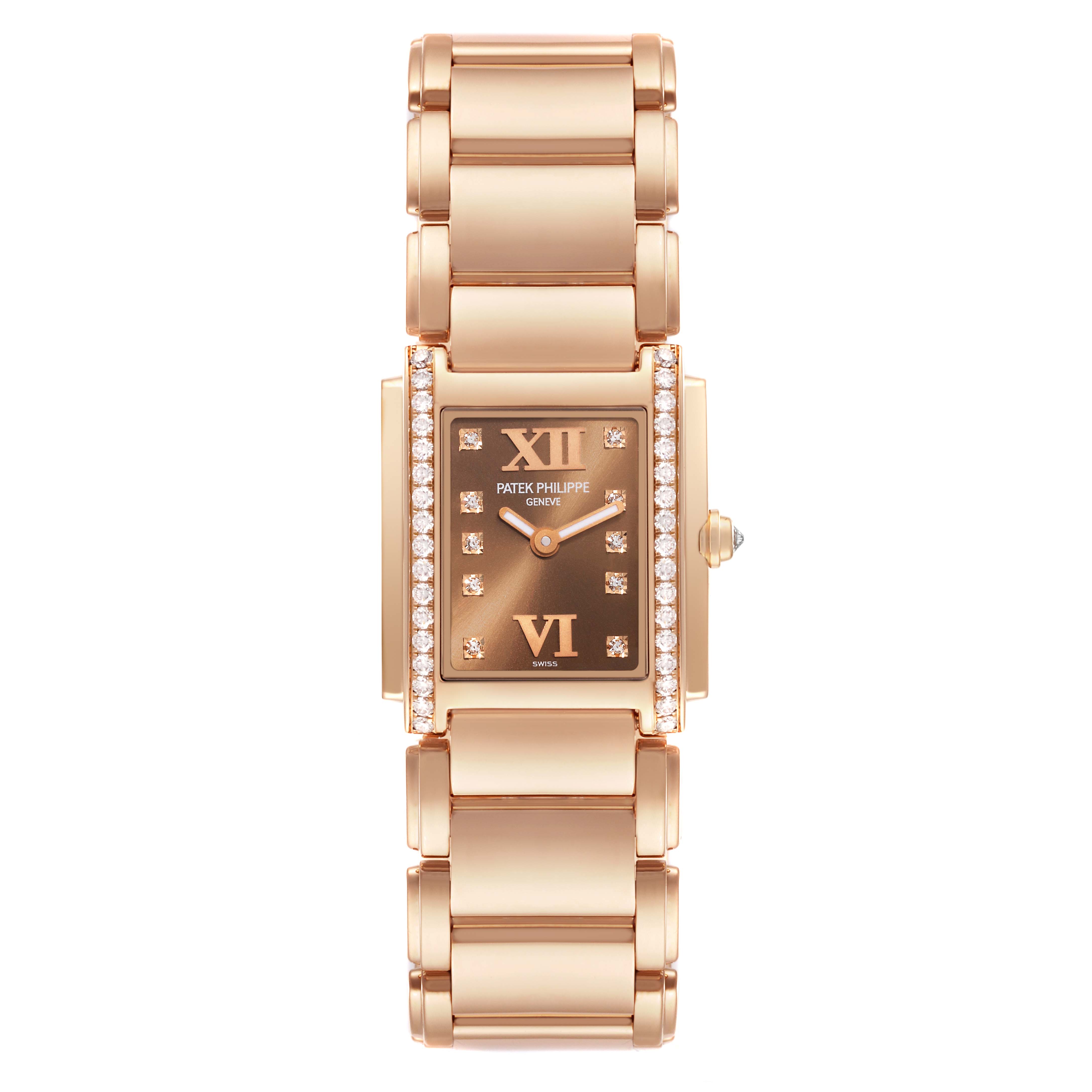 The image shows a top view of a Patek Philippe Twenty-4 4908/11R Women's Rose Gold Brown Dial 4908/11R Women's Rose Gold Brown Dial watch with a rectangular, diamond-studded bezel and gold bracelet.