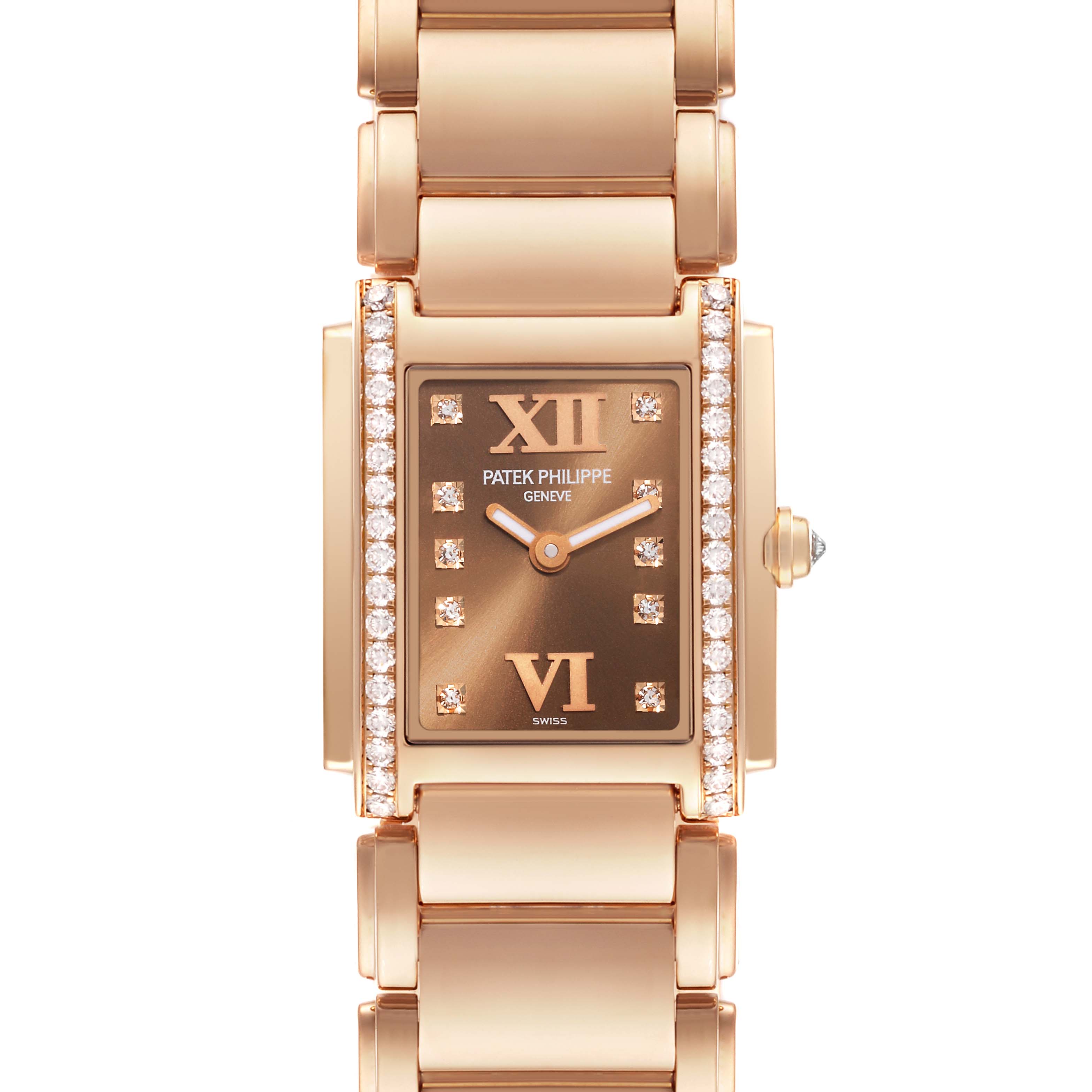 The image shows a front view of the Patek Philippe Twenty-4 4908/11R Women's Rose Gold Brown Dial 4908/11R Women's Rose Gold Brown Dial watch, highlighting its dial, bezel, and part of the bracelet.
