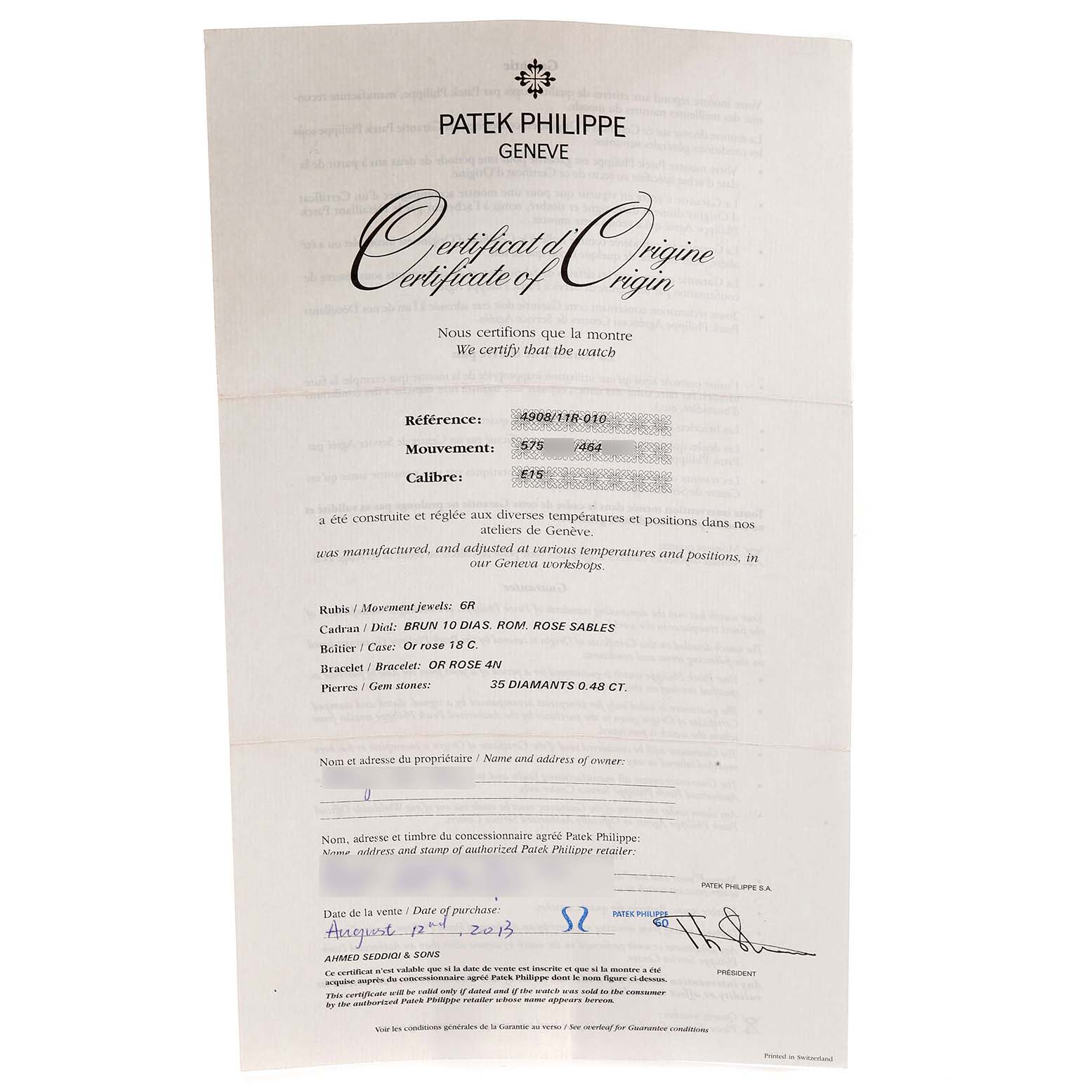 This image shows a "Certificate of Origin" for the Twenty-4 model by Patek Philippe.