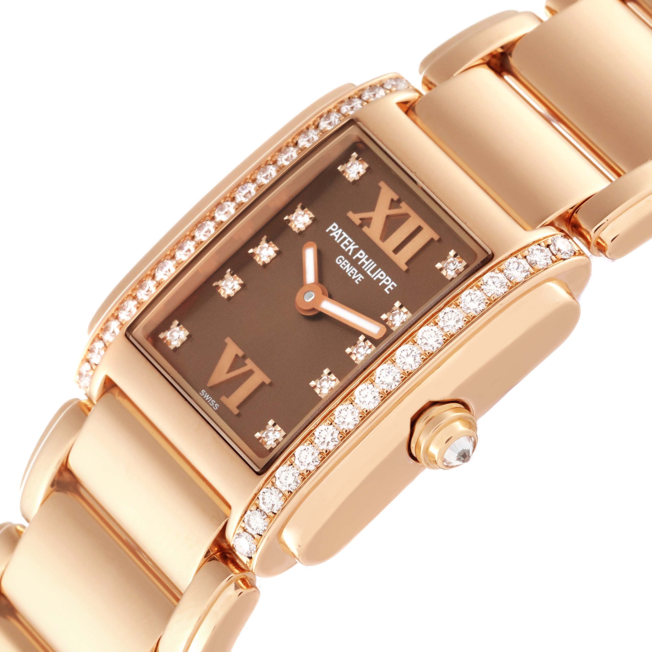 This image shows a close-up view of the Patek Philippe Twenty-4 4908/11R Women's Rose Gold Brown Dial 4908/11R Women's Rose Gold Brown Dial watch, focusing on its diamond-studded bezel, dial, and part of the bracelet.