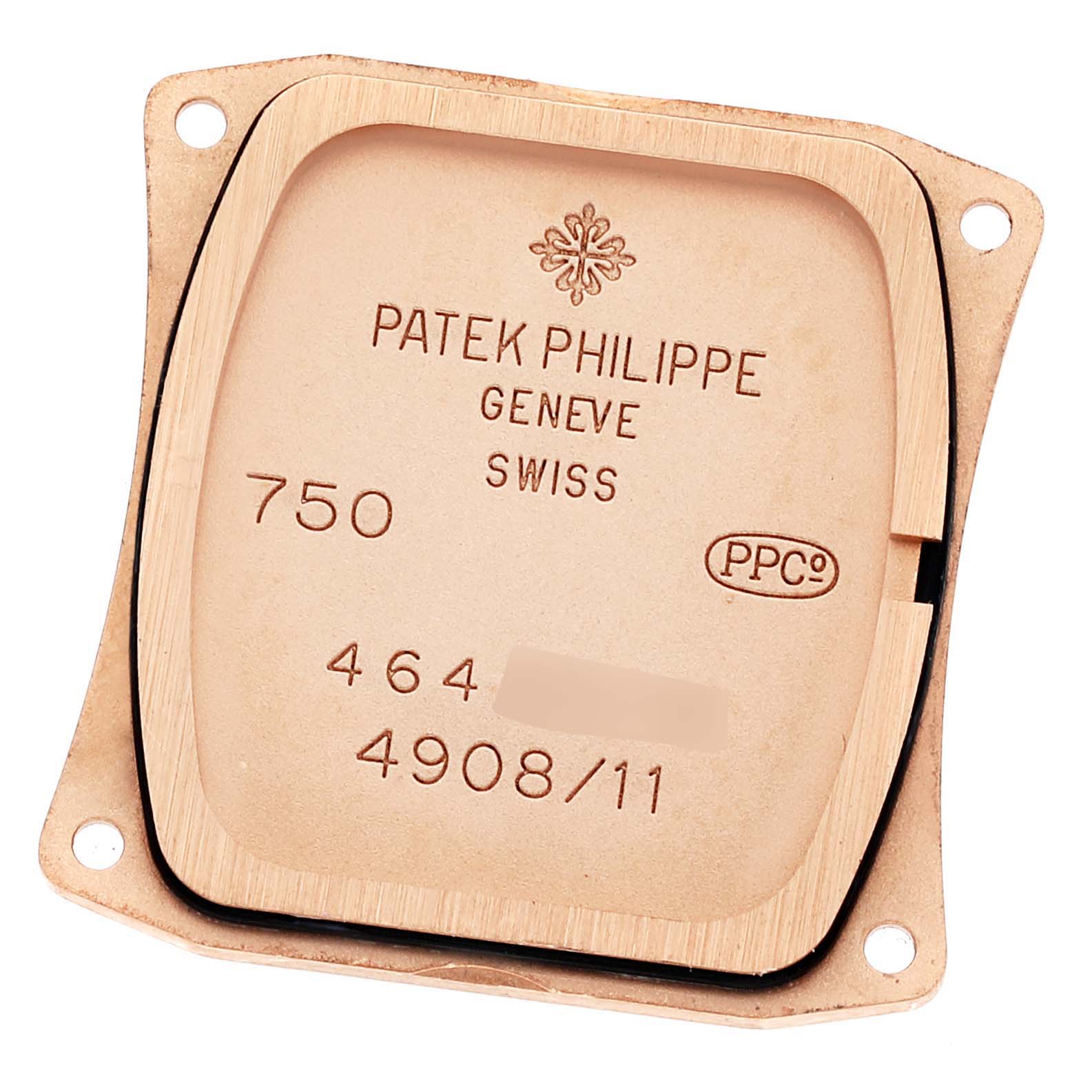 This is the case back for a Patek Philippe Twenty-4 4908/11R Women's Rose Gold Brown Dial 4908/11R Women's Rose Gold Brown Dial model watch, viewed from the interior.