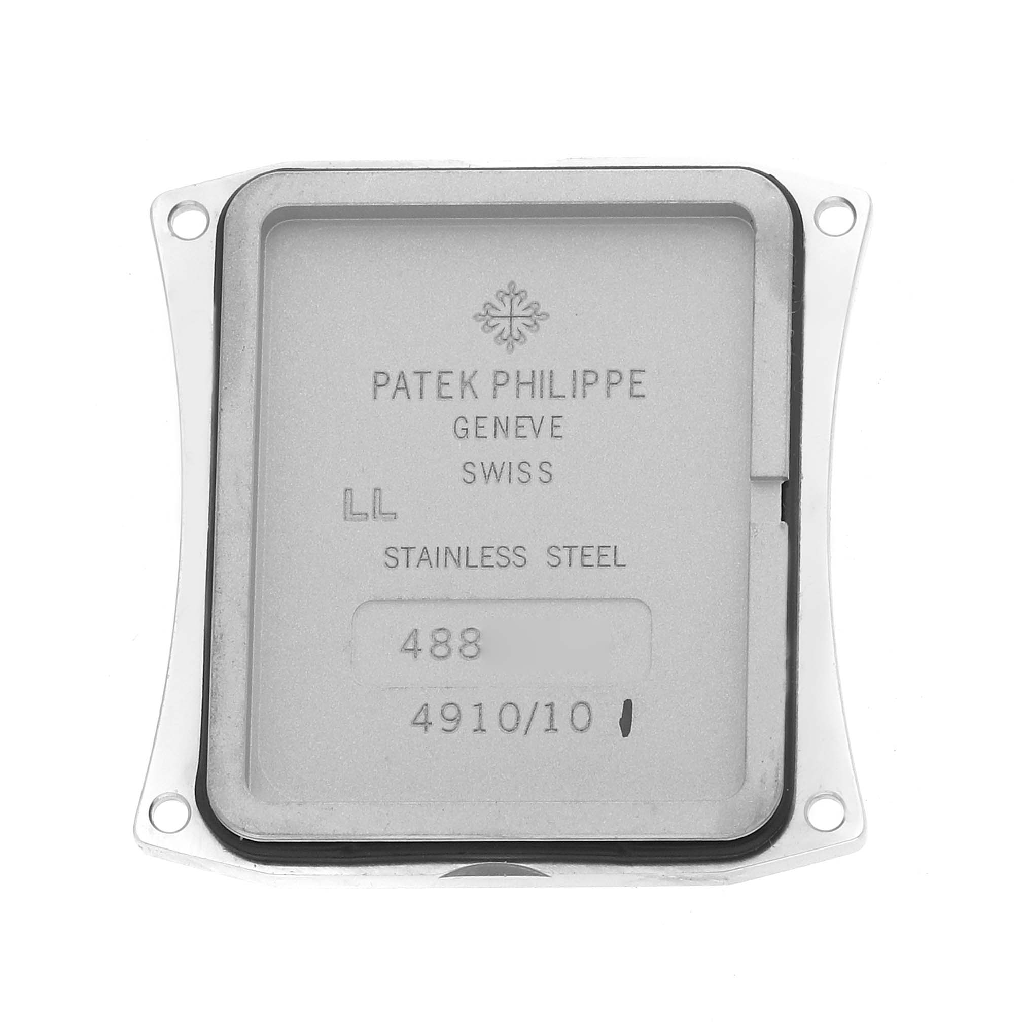 The image shows the back cover of a Patek Philippe Twenty-4 4910/10A Women's Stainless Steel Blue Dial watch, highlighting branding and material details in a top-down view.