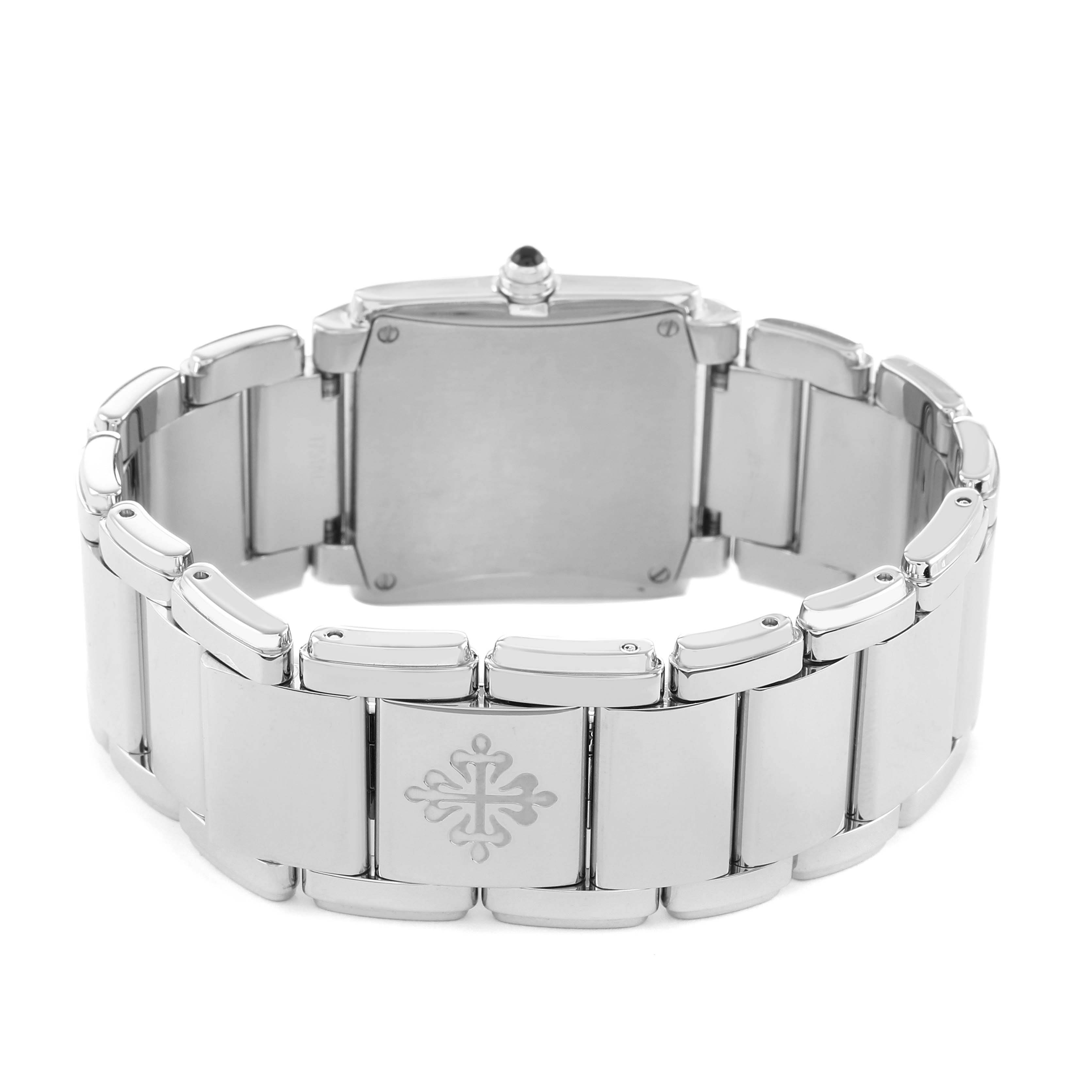 The Patek Philippe Twenty-4 4910/10A Women's Stainless Steel Blue Dial watch is shown from the back, highlighting its bracelet and clasp with the brand emblem.