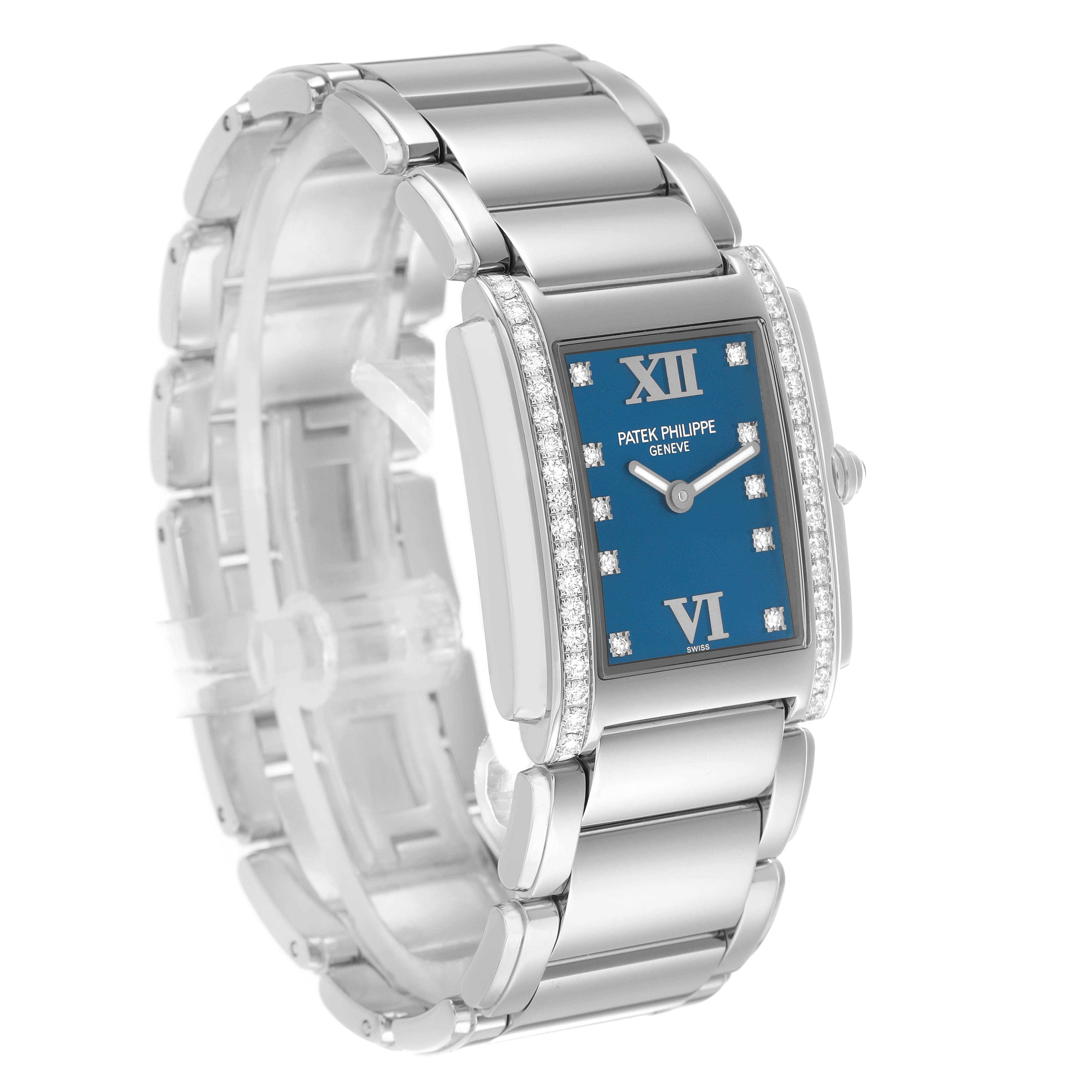The Patek Philippe Twenty-4 4910/10A Women's Stainless Steel Blue Dial watch is shown at a three-quarter angle highlighting the face, bracelet, and diamond accents.