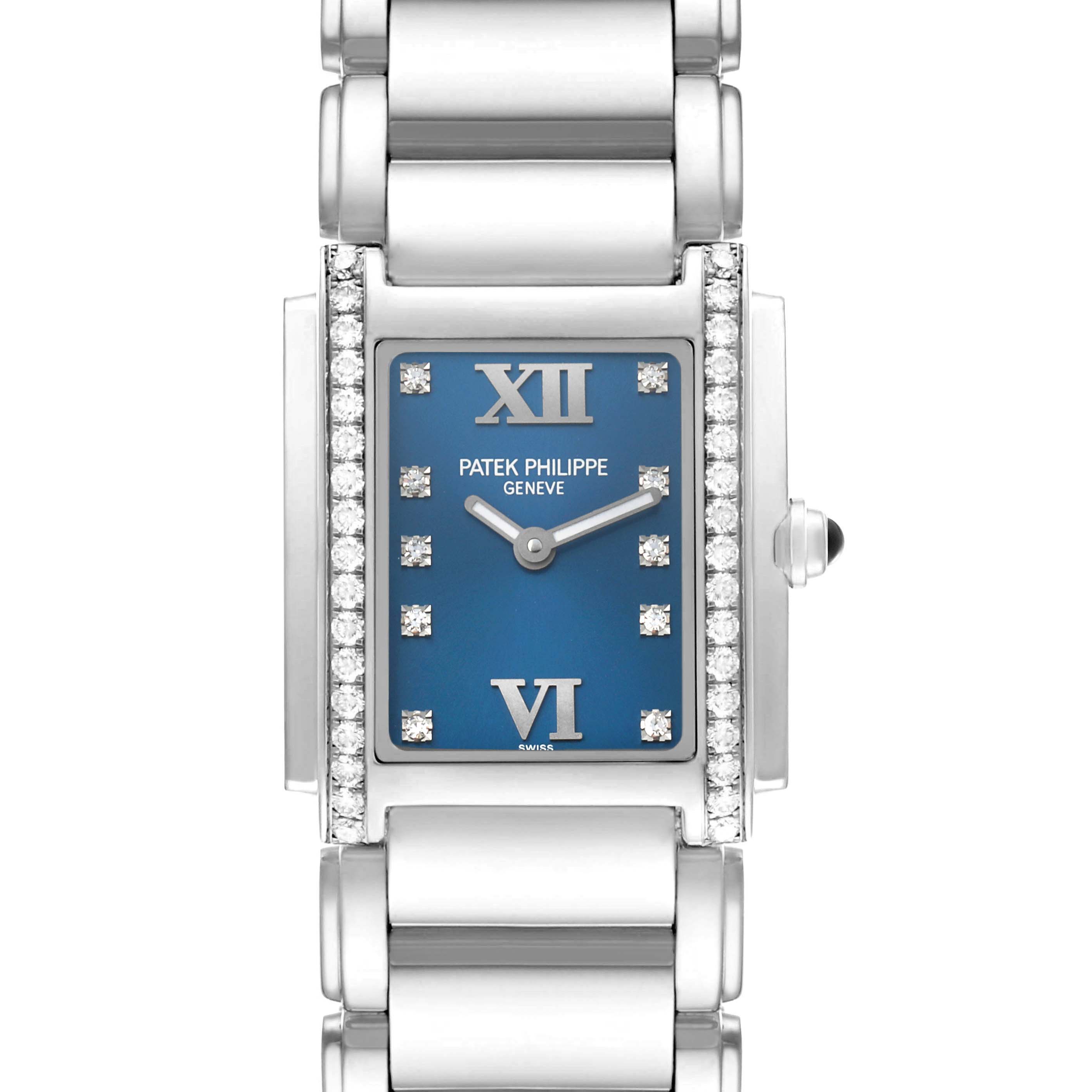 The Patek Philippe Twenty-4 4910/10A Women's Stainless Steel Blue Dial watch is shown from the front, displaying the blue dial, diamond markers, and part of the bracelet.