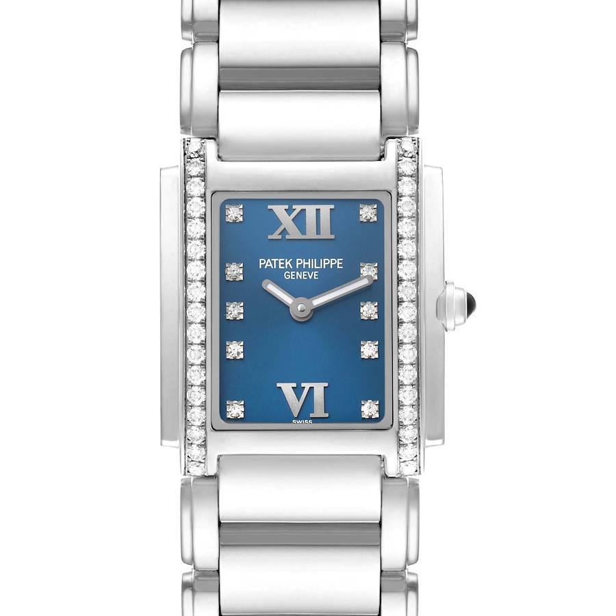 The Patek Philippe Twenty-4 4910/10A Women's Stainless Steel Blue Dial watch is shown from the front, displaying the blue dial, diamond markers, and part of the bracelet.
