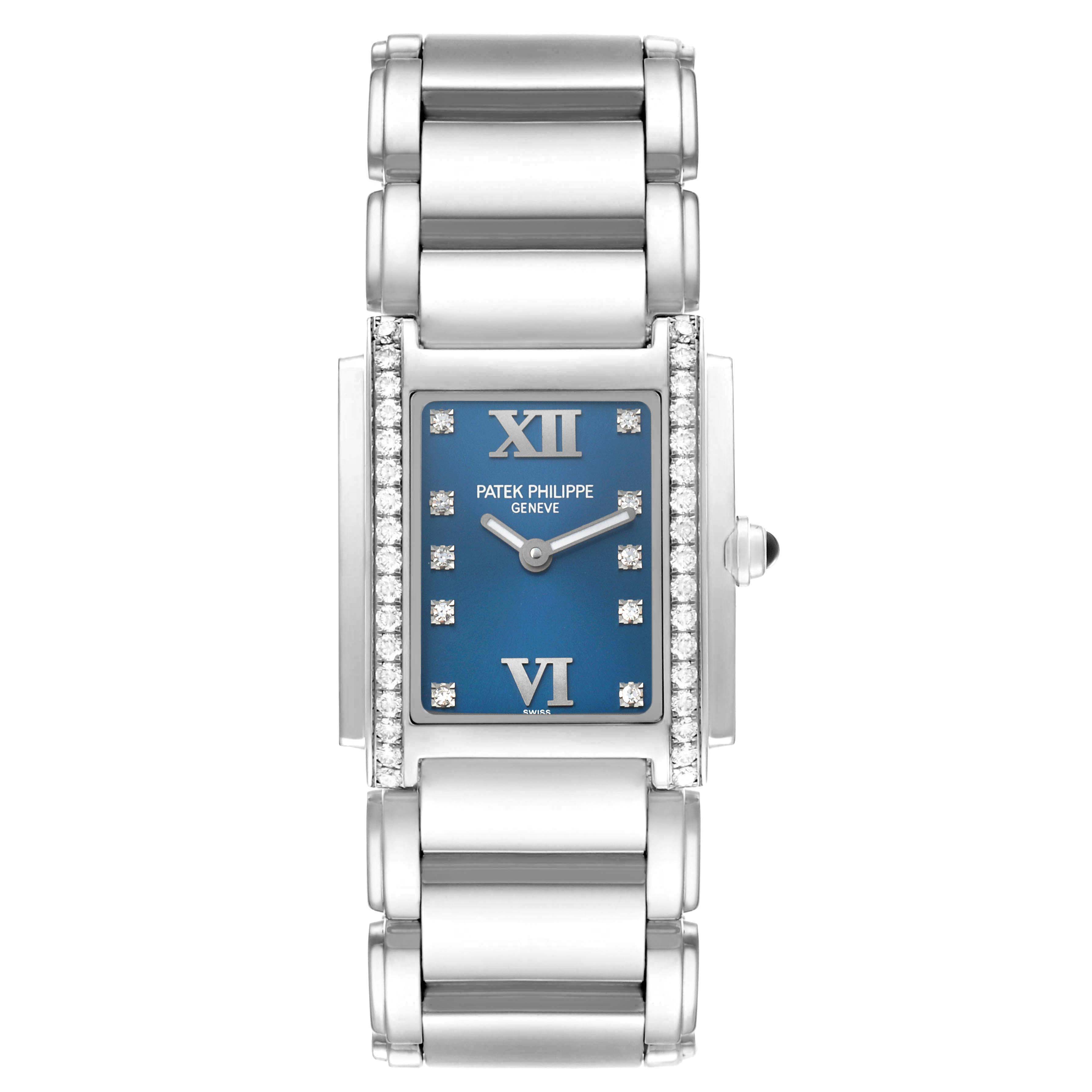 The Patek Philippe Twenty-4 4910/10A Women's Stainless Steel Blue Dial watch is shown from a top view, highlighting the rectangular face, bracelet, and diamond accents.