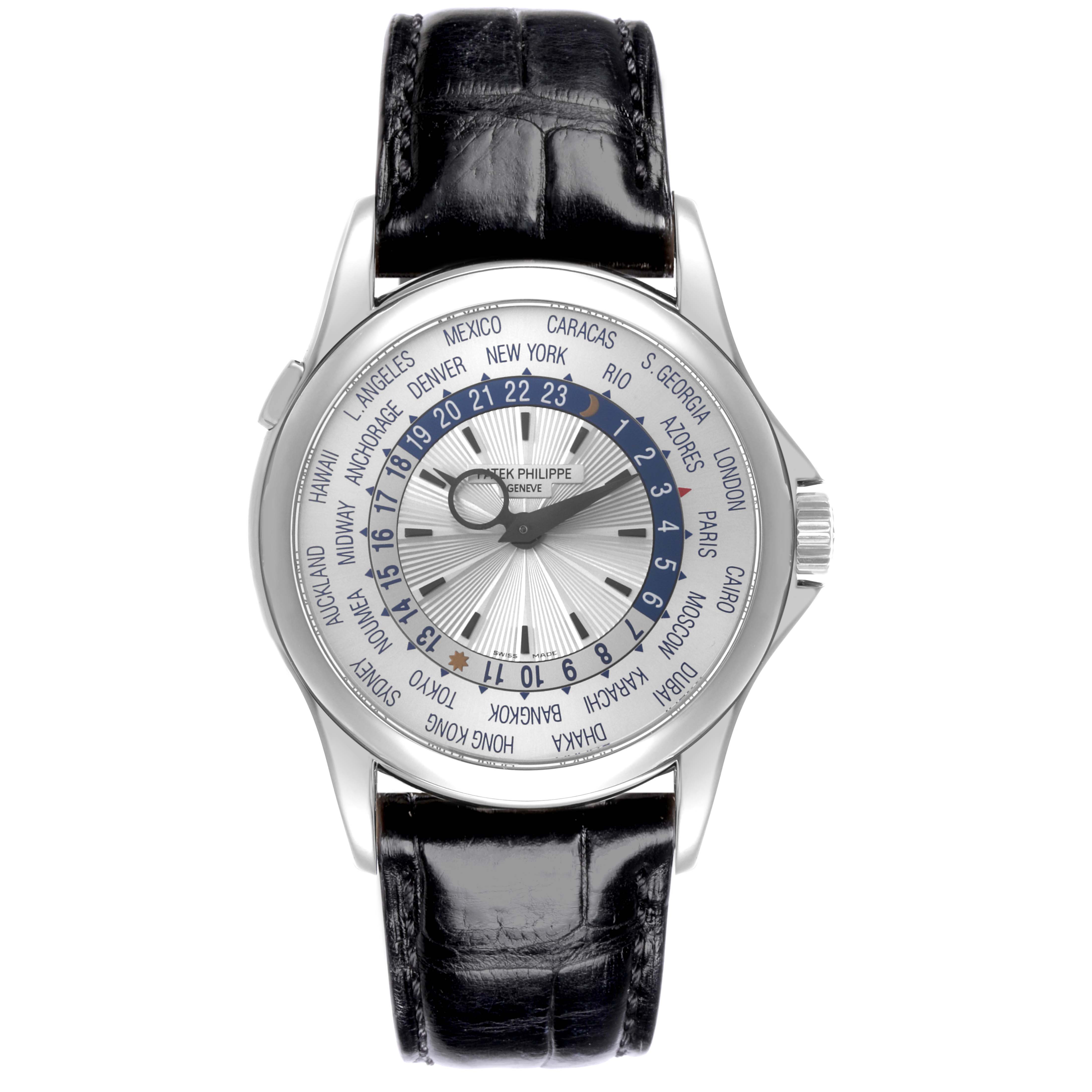 The image shows a frontal view of the Patek Philippe Complications 5130G Men
s White Gold Silver Dial 5130G Men
s White Gold Silver Dial watch, displaying the dial and city ring clearly.