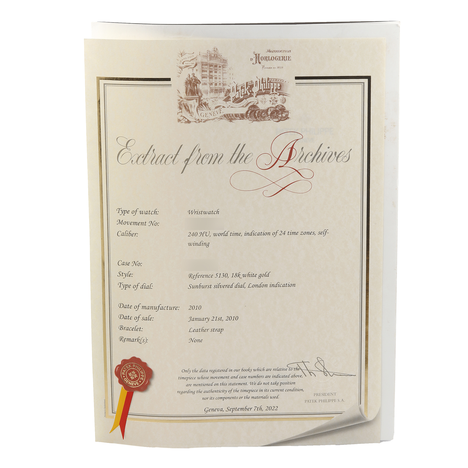 The image shows a document for the Patek Philippe Complications 5130G Men
s White Gold Silver Dial 5130G Men
s White Gold Silver Dial model, detailing watch specifications.