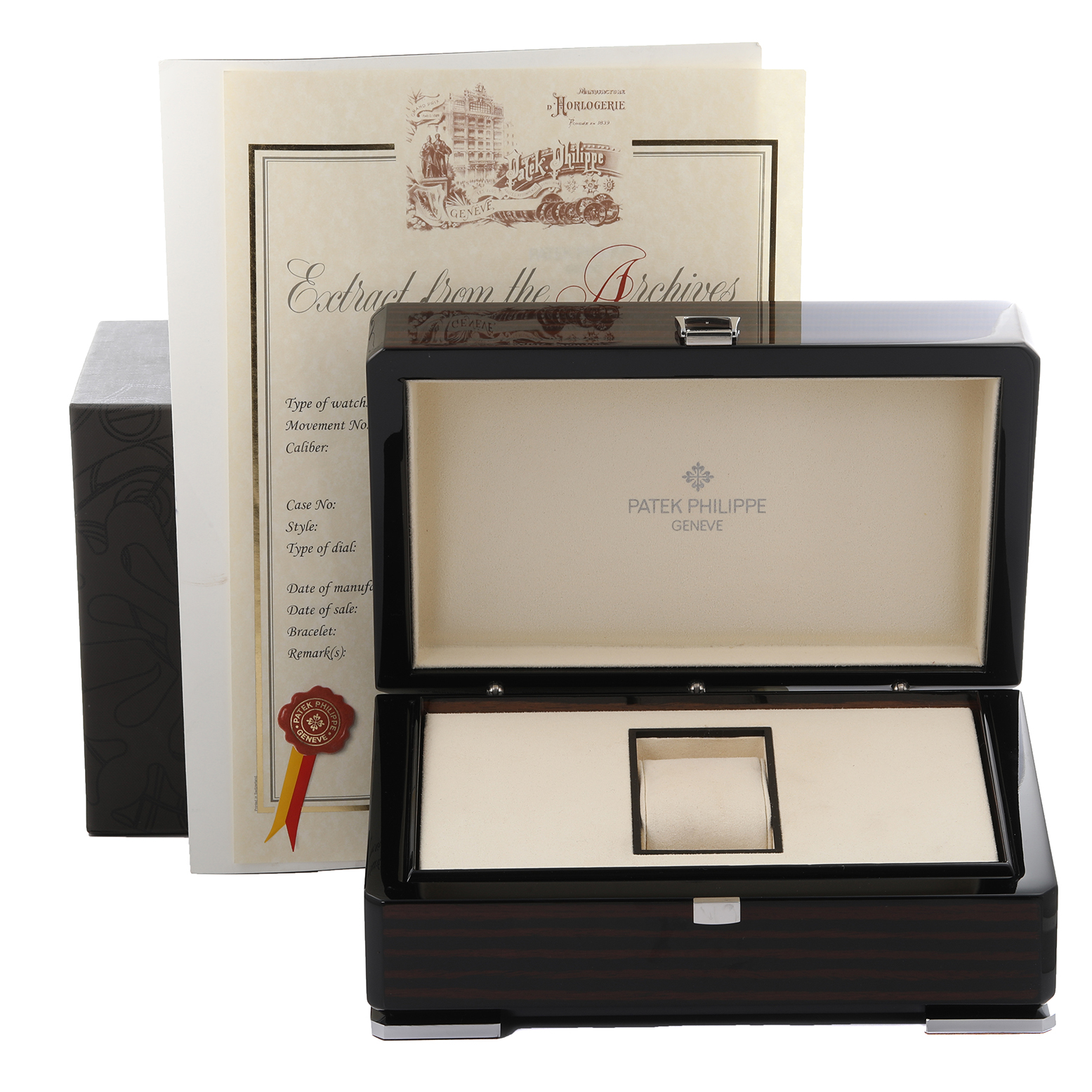 The image shows a Patek Philippe Complications 5130G Men
s White Gold Silver Dial 5130G Men
s White Gold Silver Dial watch box and certificate from a front angle.