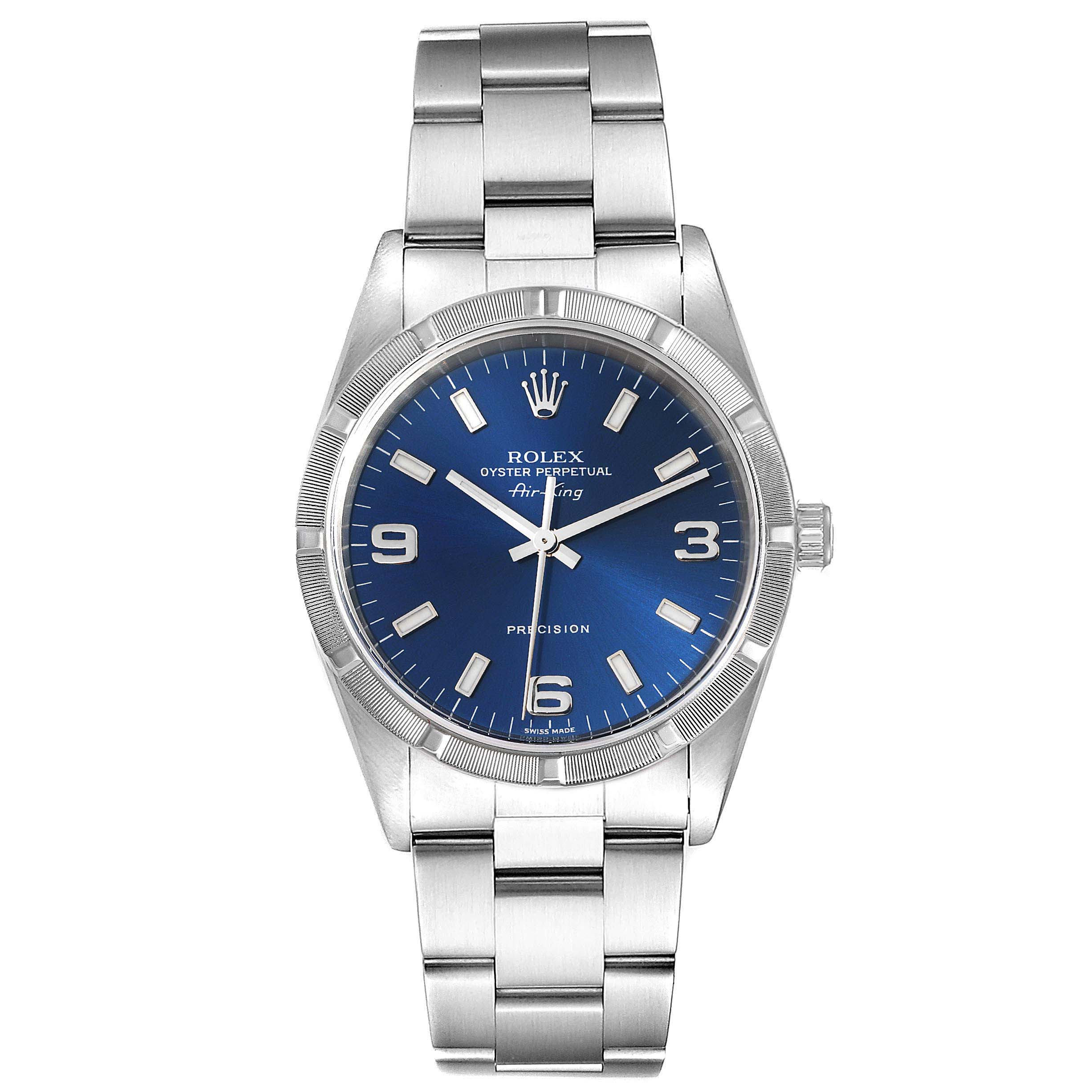 The image shows a front-angle view of a Rolex Air-King 14010 Men's Stainless Steel Blue Dial 14010 Men's Stainless Steel Blue Dial watch, highlighting its blue dial, silver bracelet, and bezel.