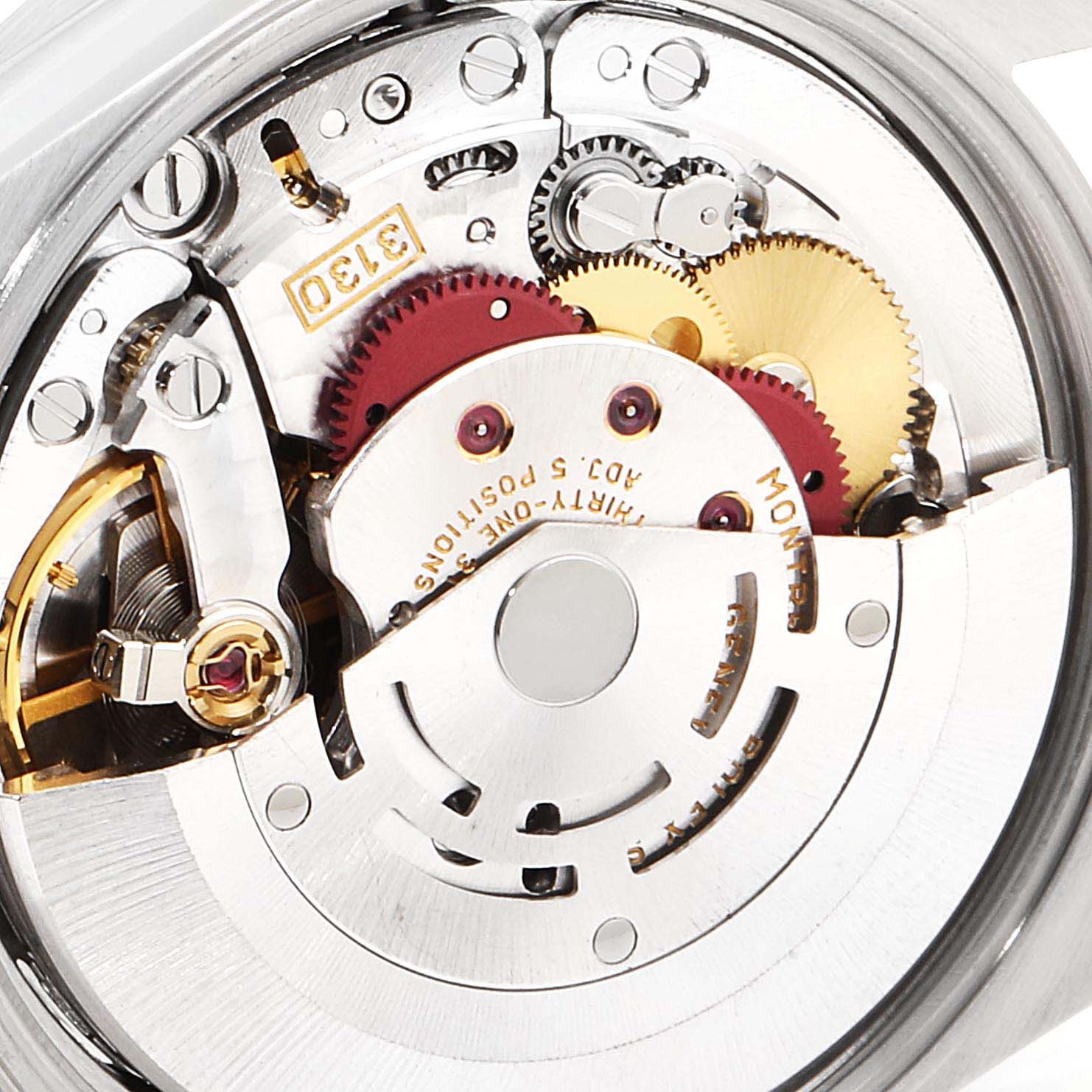 This image shows a close-up view of the movement mechanism inside the Rolex Air-King 14010 Men's Stainless Steel Blue Dial 14010 Men's Stainless Steel Blue Dial watch.