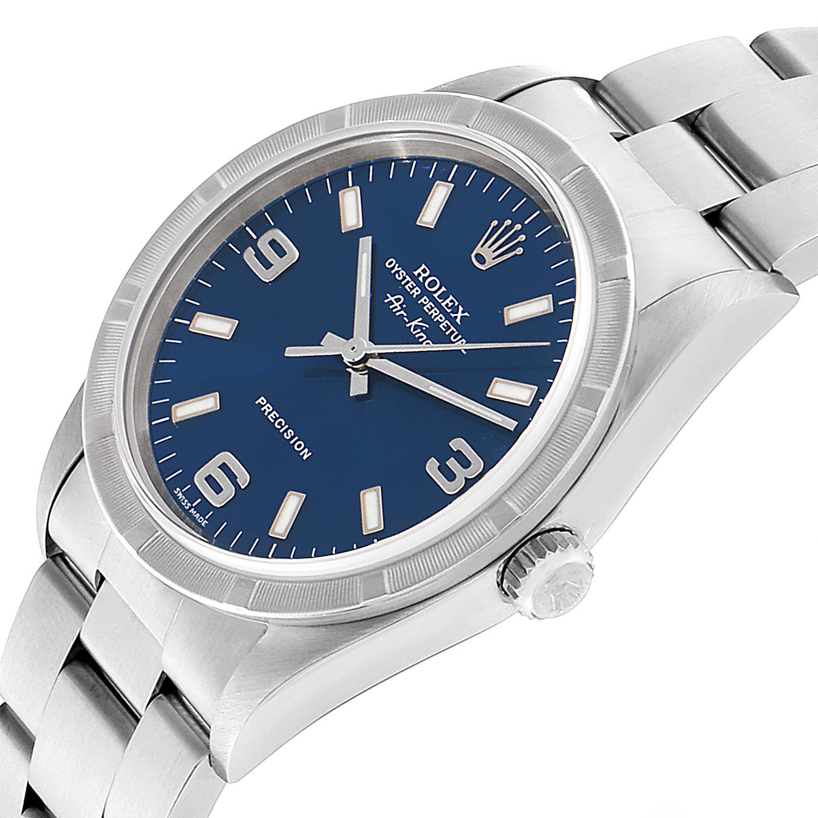 The Rolex Air-King 14010 Men's Stainless Steel Blue Dial 14010 Men's Stainless Steel Blue Dial watch is shown at an angled front view, highlighting its dial, bezel, crown, and part of the bracelet.