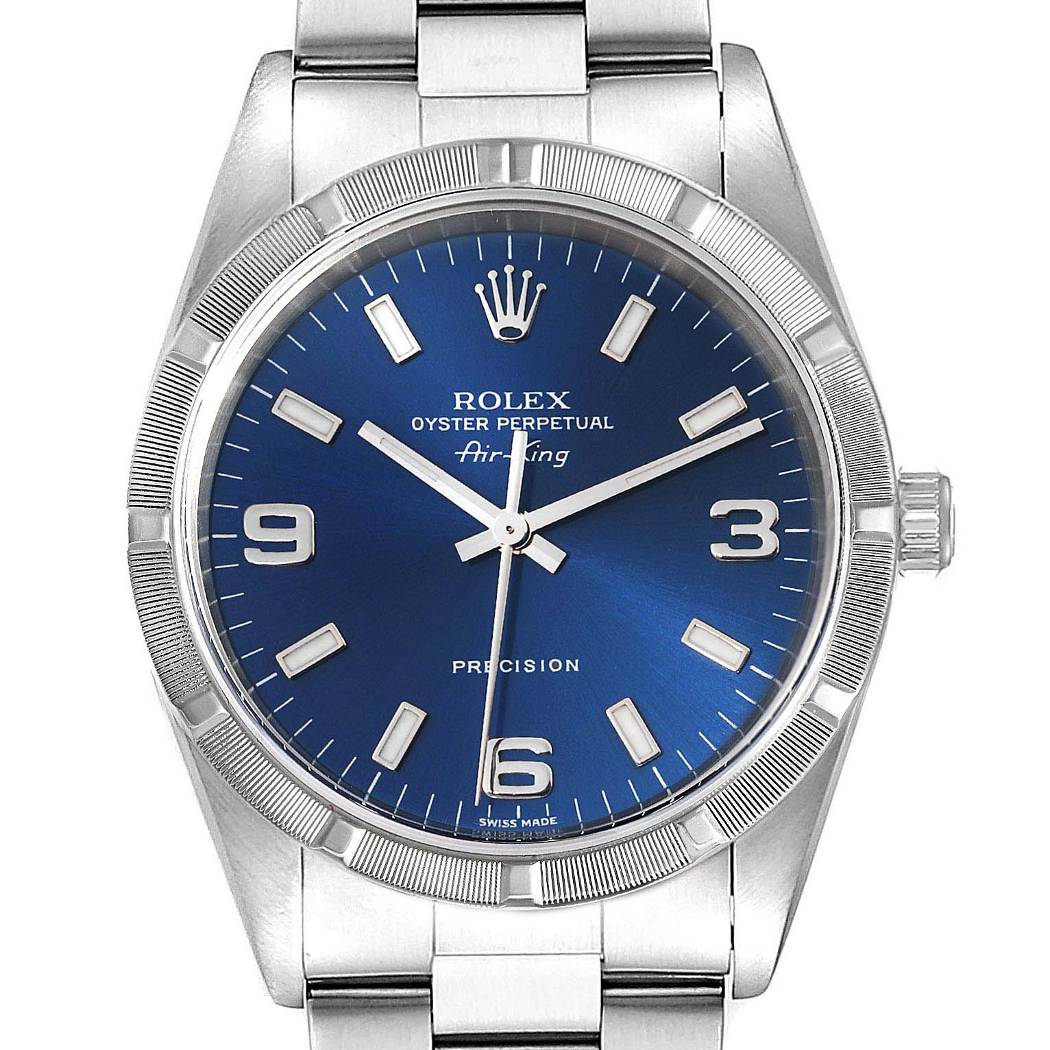 The image shows a front view of a Rolex Air-King 14010 Men's Stainless Steel Blue Dial 14010 Men's Stainless Steel Blue Dial watch with a blue dial and silver bracelet.