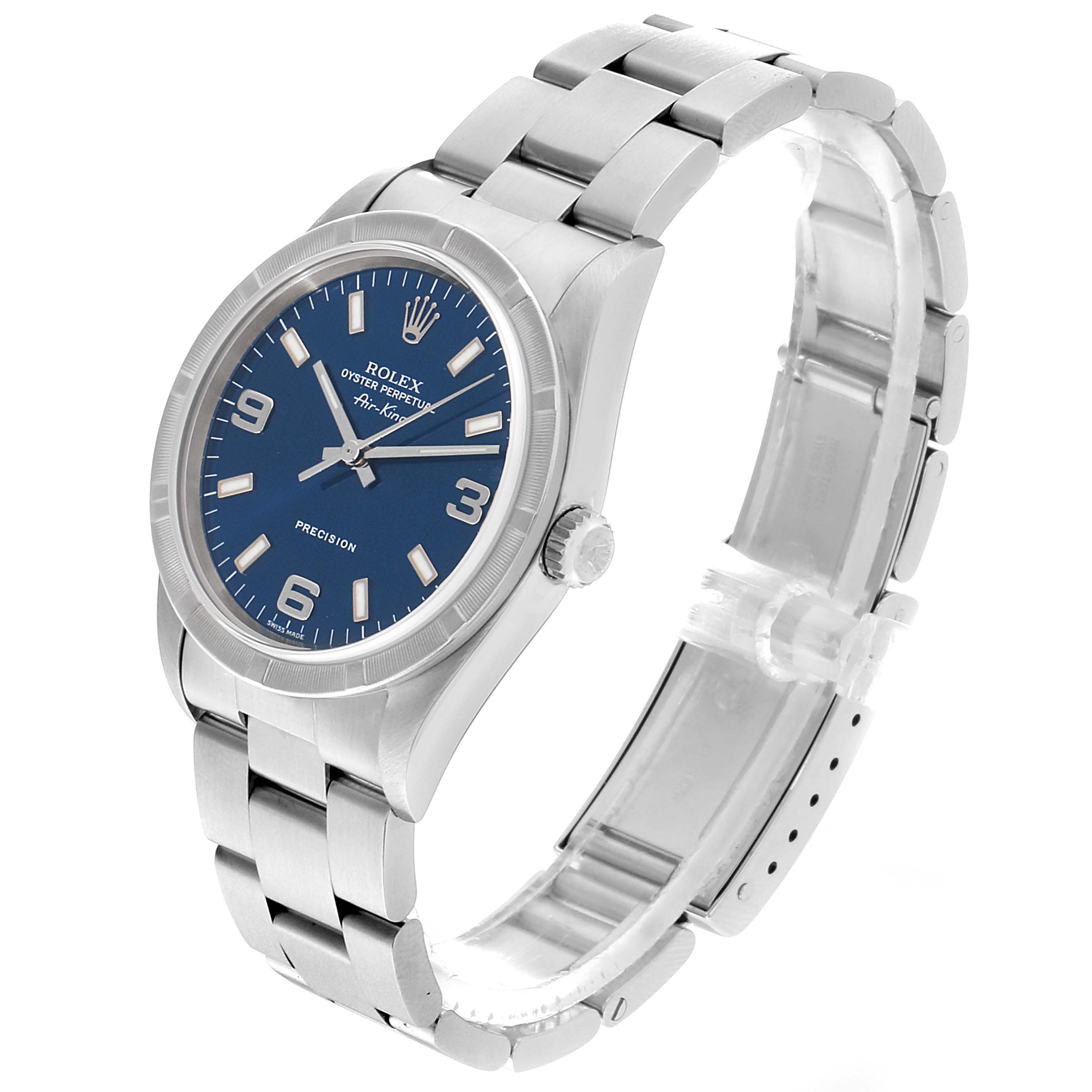 The image shows a Rolex Air-King 14010 Men's Stainless Steel Blue Dial 14010 Men's Stainless Steel Blue Dial watch at a side angle, displaying the face, bezel, crown, and full bracelet.