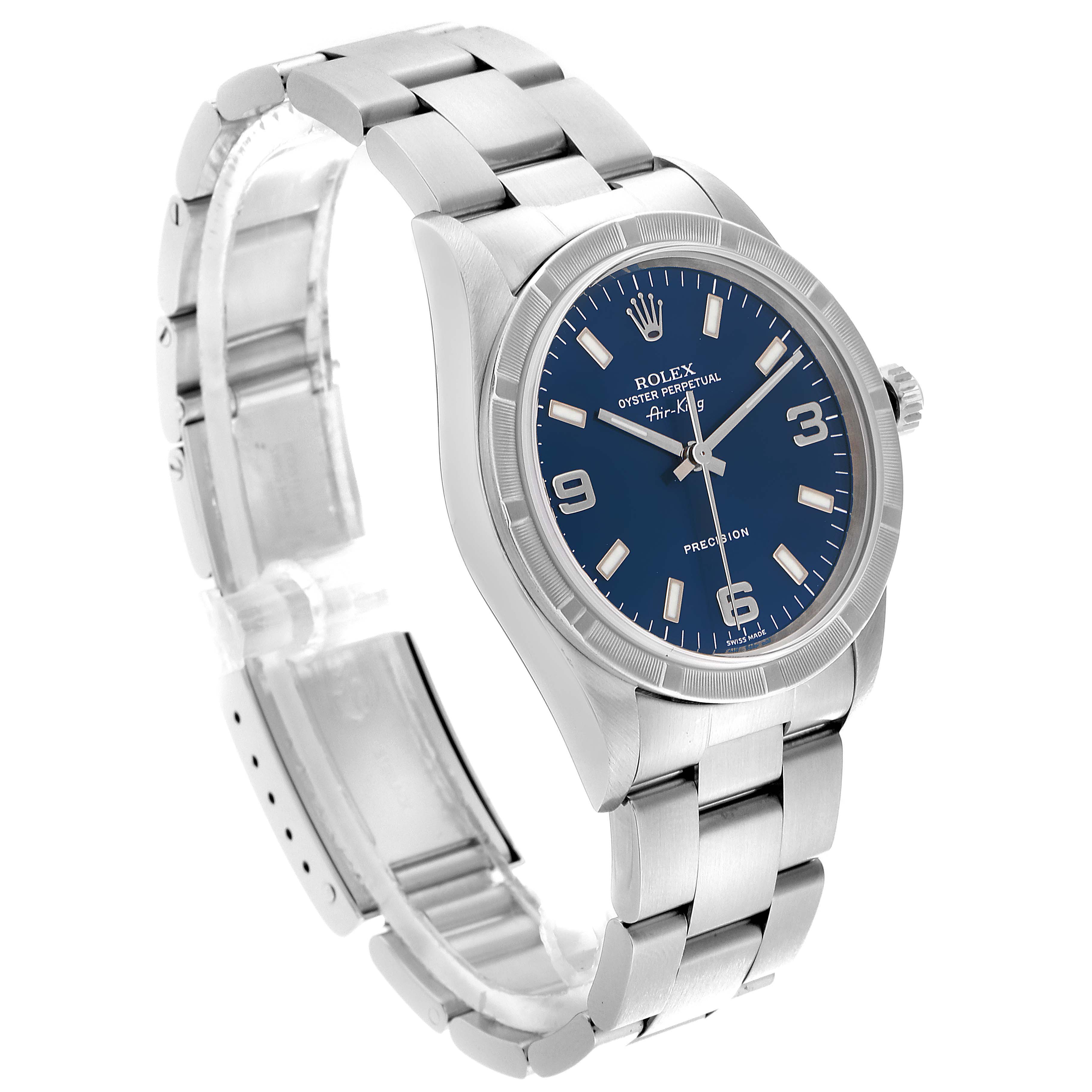 The image shows a Rolex Air-King 14010 Men's Stainless Steel Blue Dial 14010 Men's Stainless Steel Blue Dial watch at a three-quarter angle, highlighting the dial, bezel, and bracelet.