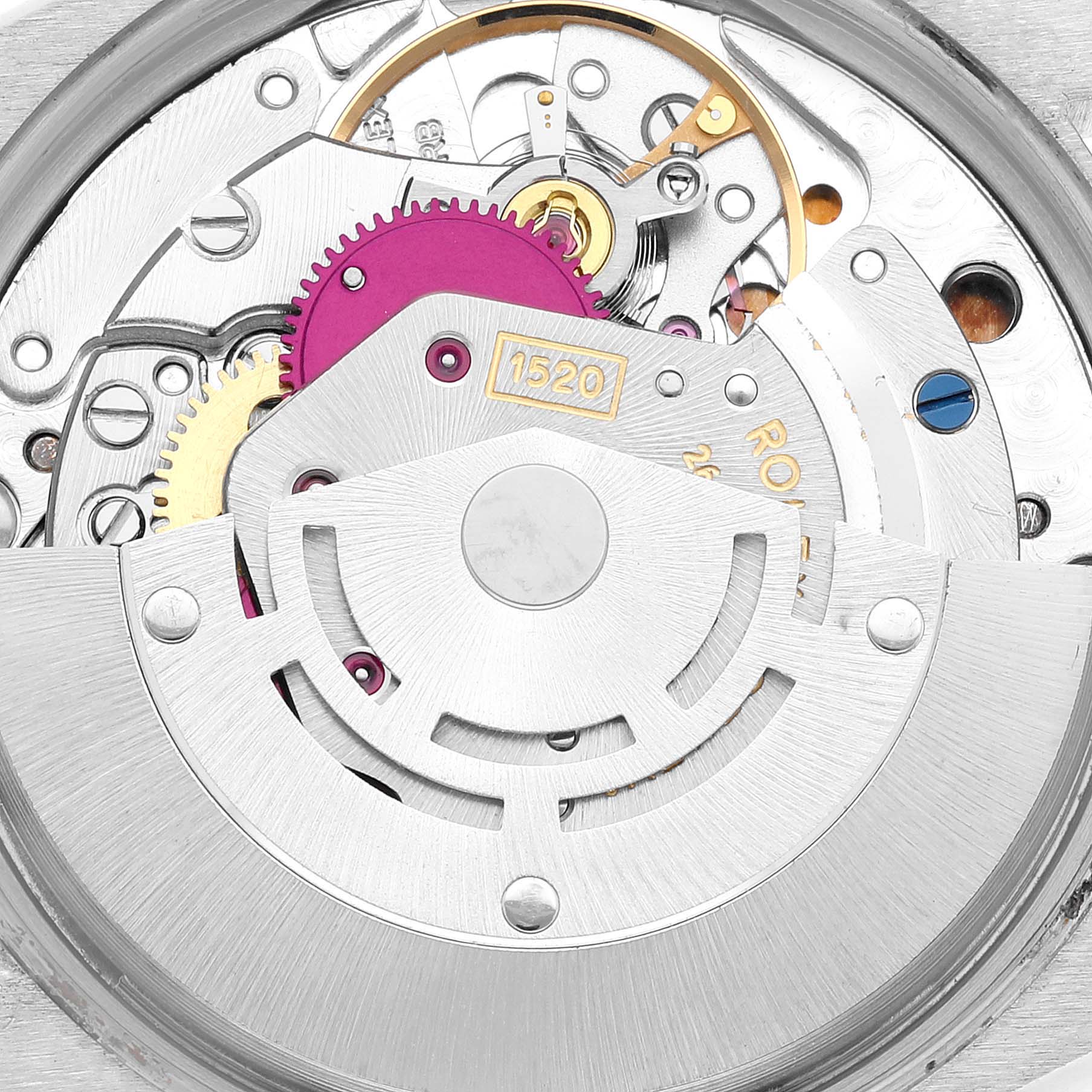 The image shows a close-up of the movement mechanism of a Rolex Vintage Collection 5500 Men's Stainless Steel Silver Dial 5500 Men's Stainless Steel Silver Dial model from a top-down angle.