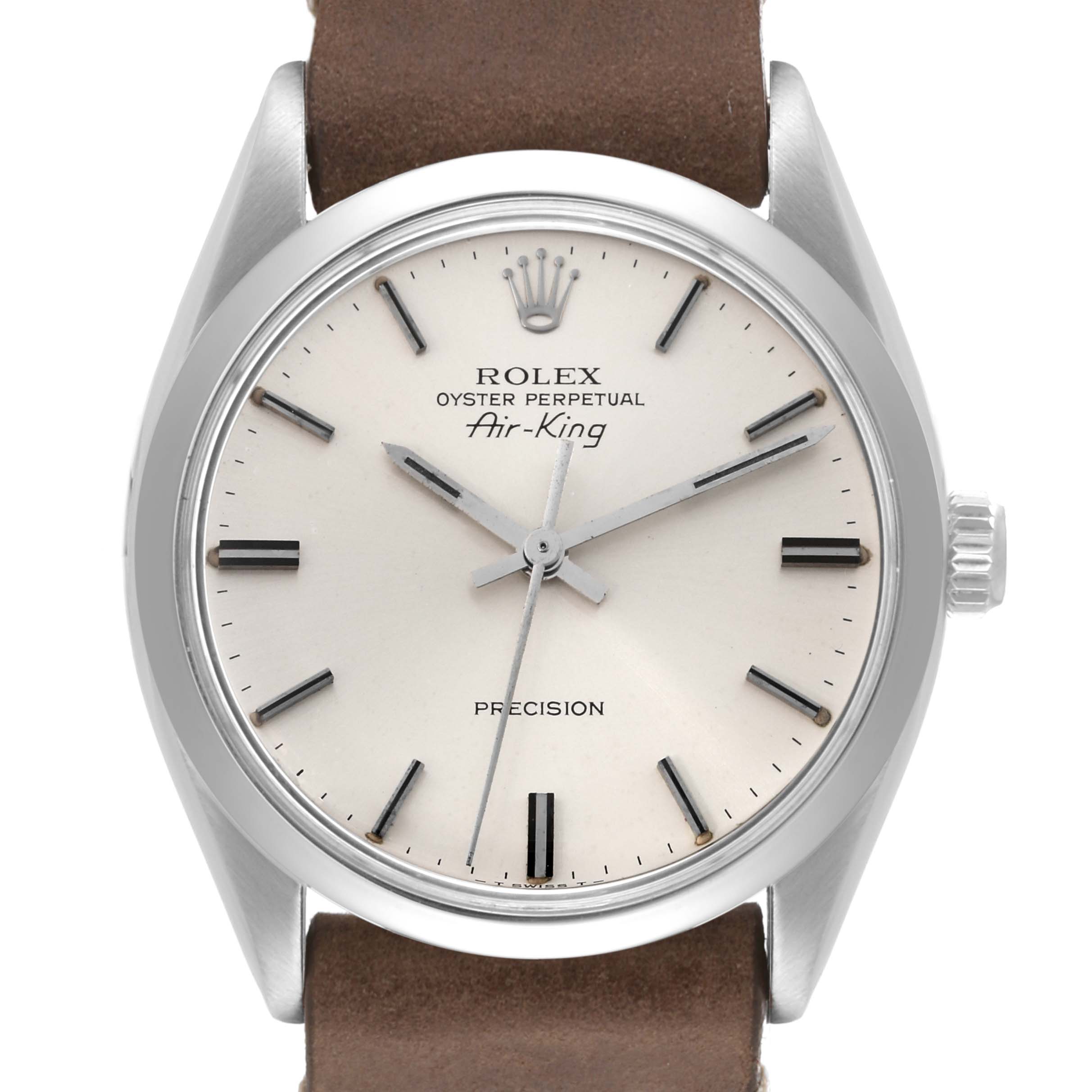 This Rolex Vintage Collection 5500 Men's Stainless Steel Silver Dial 5500 Men's Stainless Steel Silver Dial watch model Air-King is shown from a front angle, displaying its face, hands, bezel, and brown leather strap.