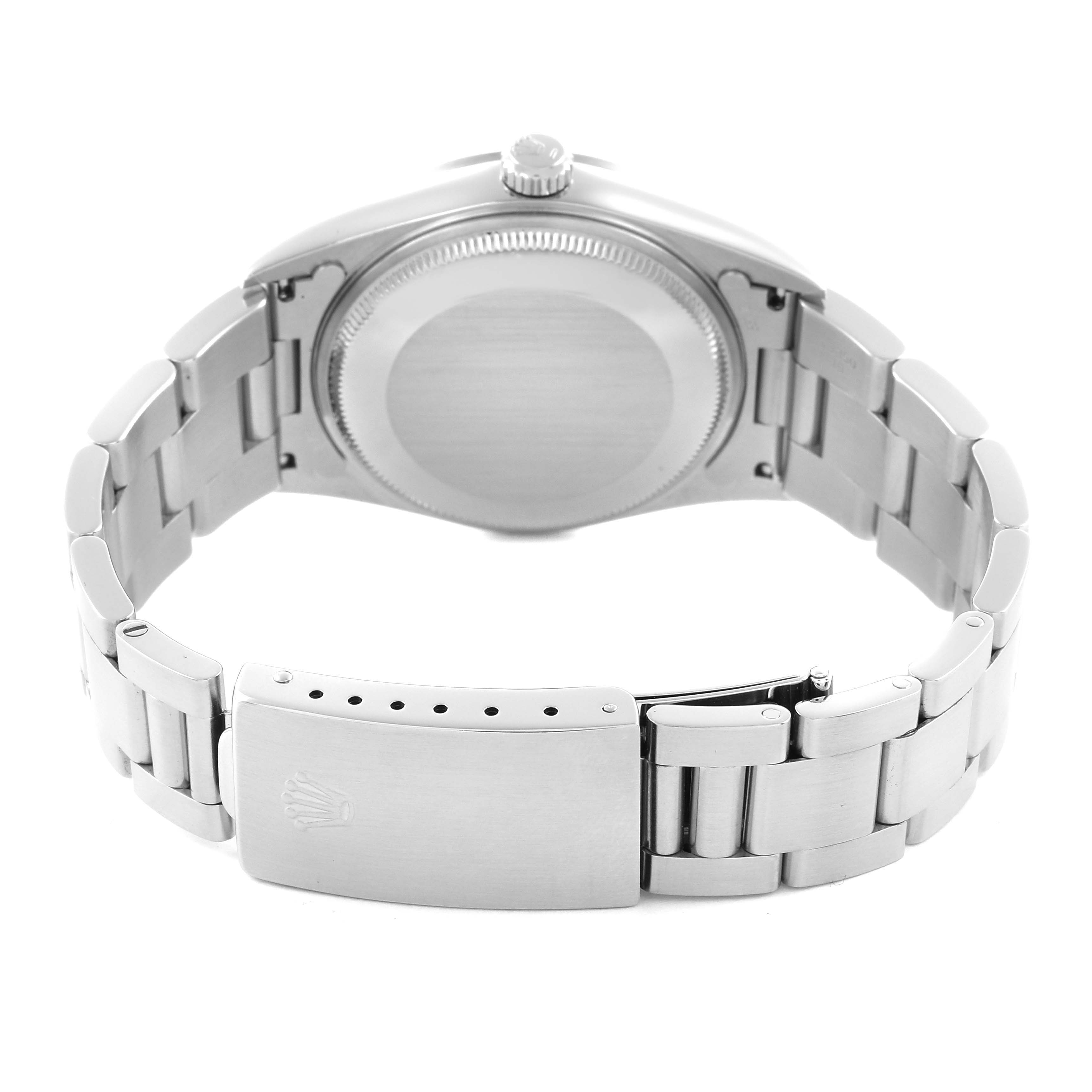 The image shows the back view of a Rolex Air-King 14000 Men's Stainless Steel White Dial 14000 Men's Stainless Steel White Dial, highlighting the case back and bracelet clasp.