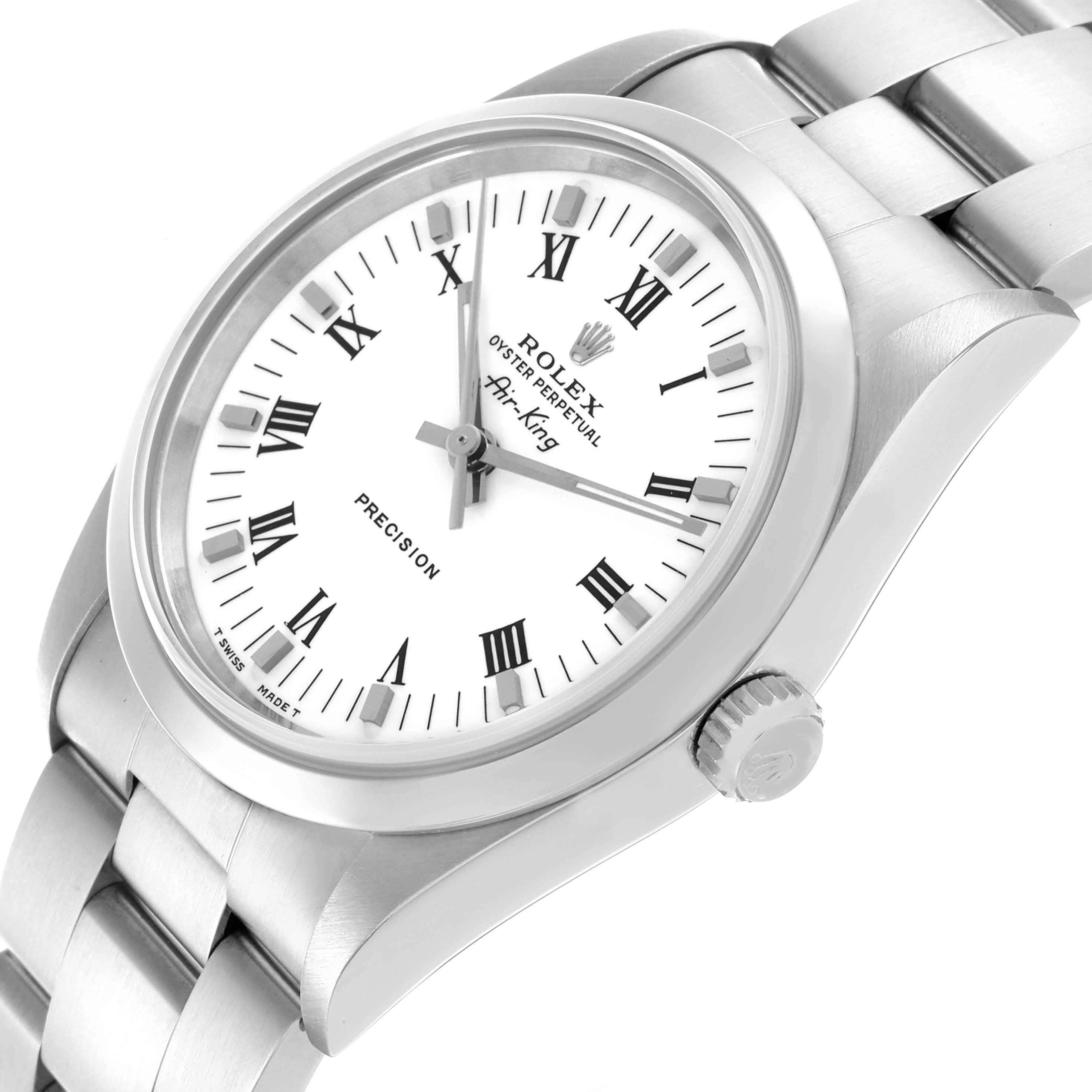 The Rolex Air-King 14000 Men's Stainless Steel White Dial 14000 Men's Stainless Steel White Dial watch is shown at a slight angle, highlighting the face, bezel, crown, and top part of the bracelet.