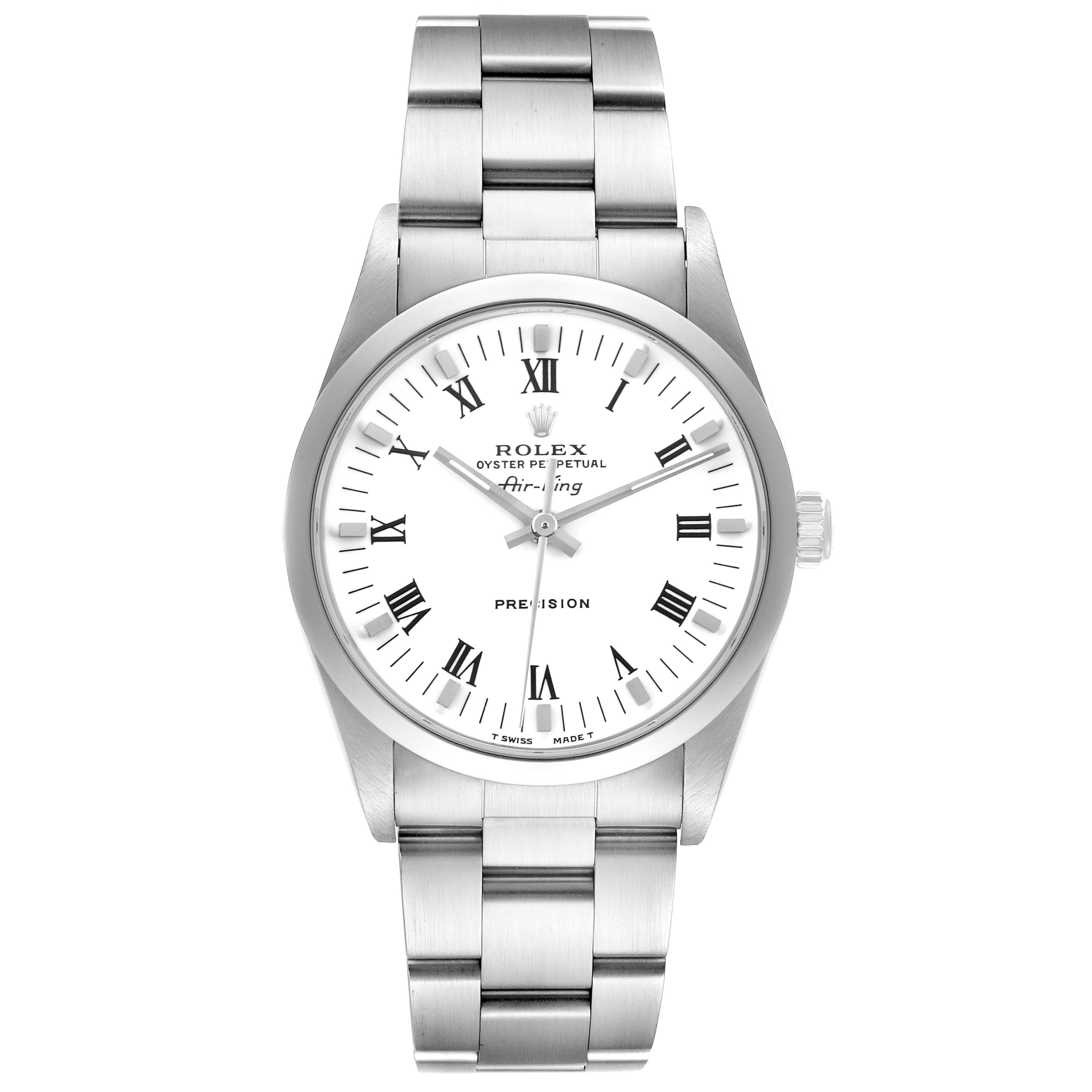 The Rolex Air-King 14000 Men's Stainless Steel White Dial 14000 Men's Stainless Steel White Dial watch is shown from a front angle, displaying its face, bezel, and bracelet.