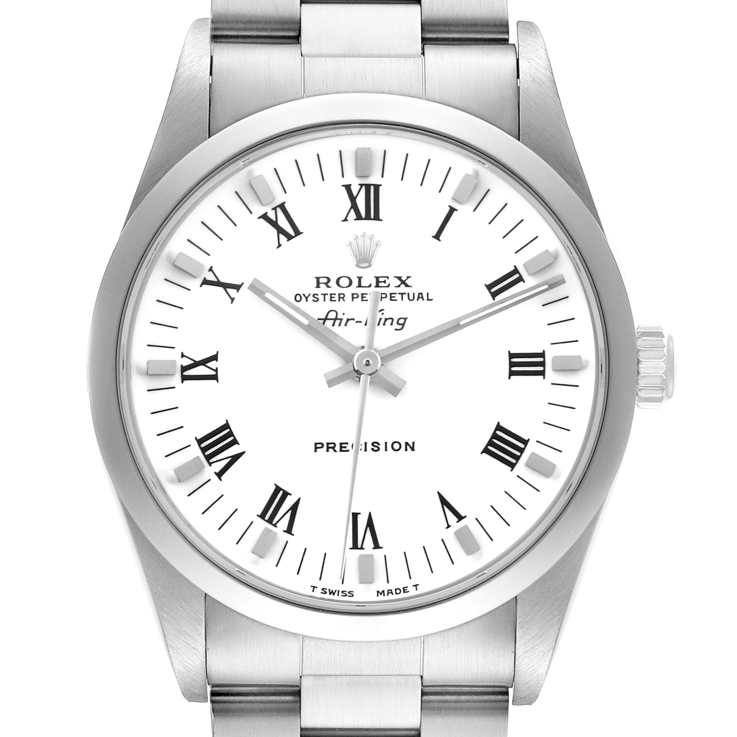 The Rolex Air-King 14000 Men's Stainless Steel White Dial 14000 Men's Stainless Steel White Dial watch is shown from a front angle, highlighting the dial, bezel, crown, and part of the bracelet.