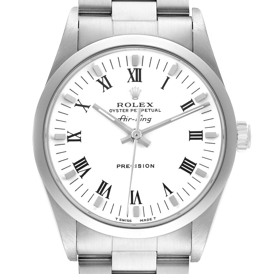 The Rolex Air-King watch is shown from a front angle, highlighting the dial, bezel, crown, and part of the bracelet.