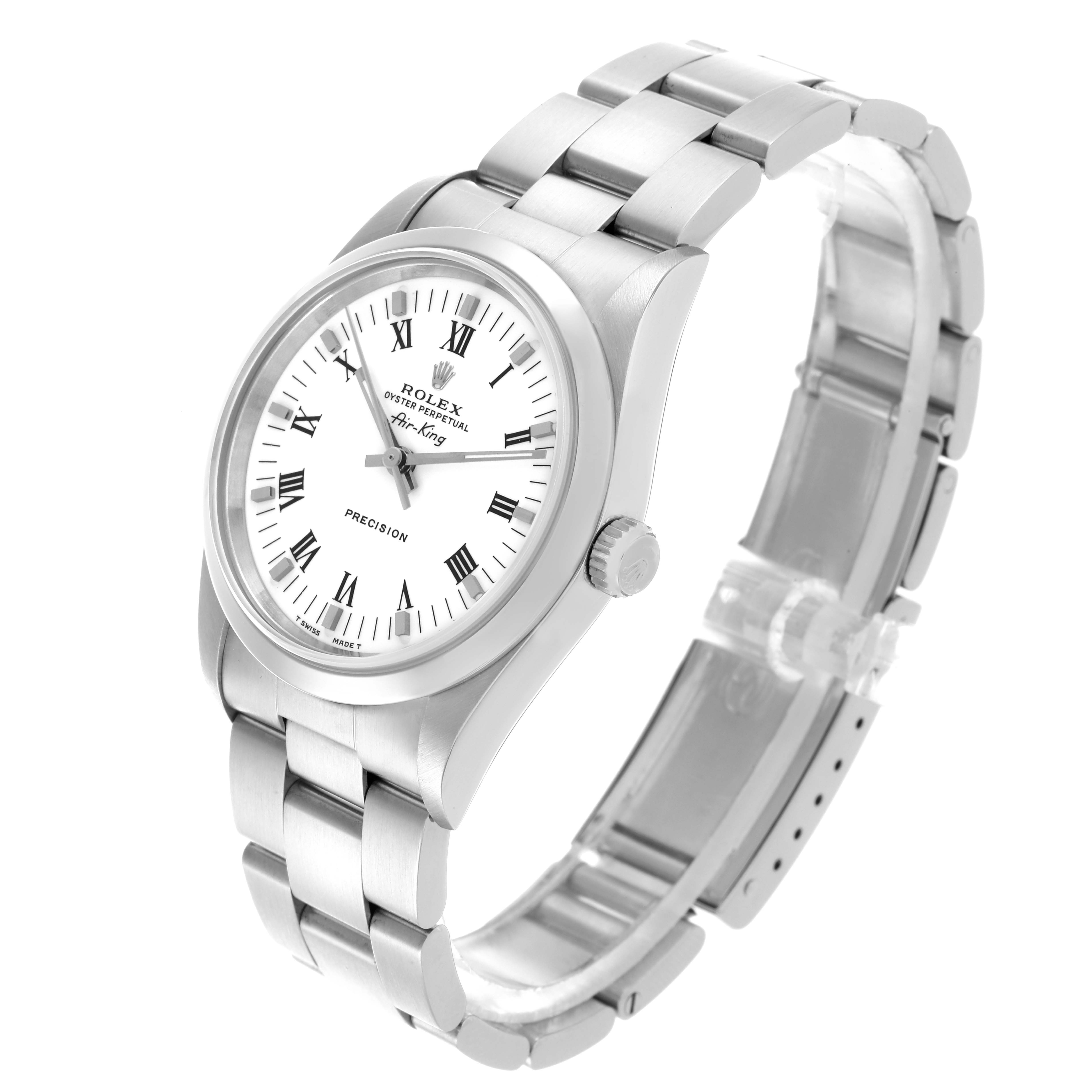 The Rolex Air-King 14000 Men's Stainless Steel White Dial 14000 Men's Stainless Steel White Dial watch is shown at a slight angle, displaying the face, crown, and stainless steel bracelet.