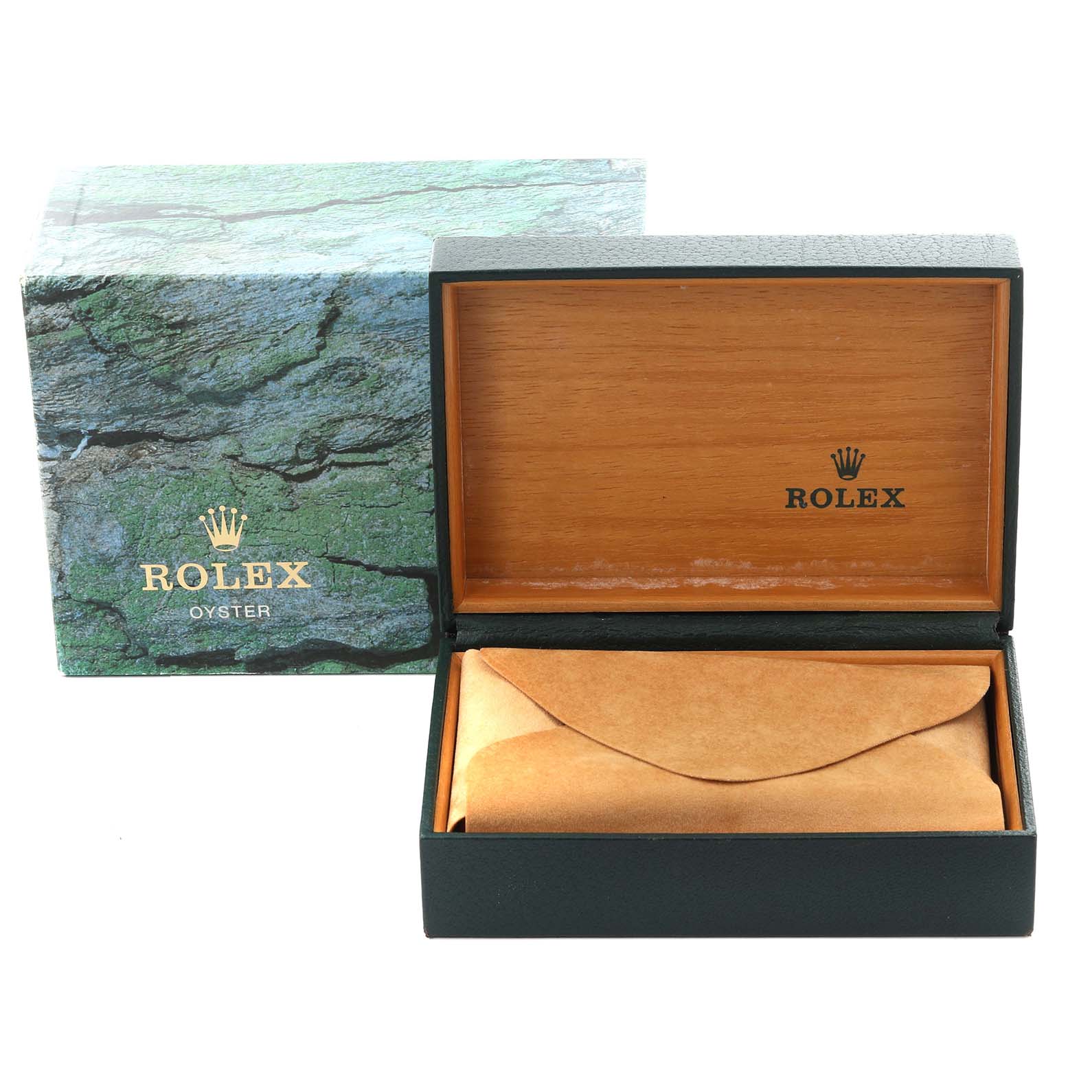 The image shows a Rolex Air-King 14000 Men's Stainless Steel White Dial 14000 Men's Stainless Steel White Dial watch box, the lid is open, featuring the outer and inner packaging.