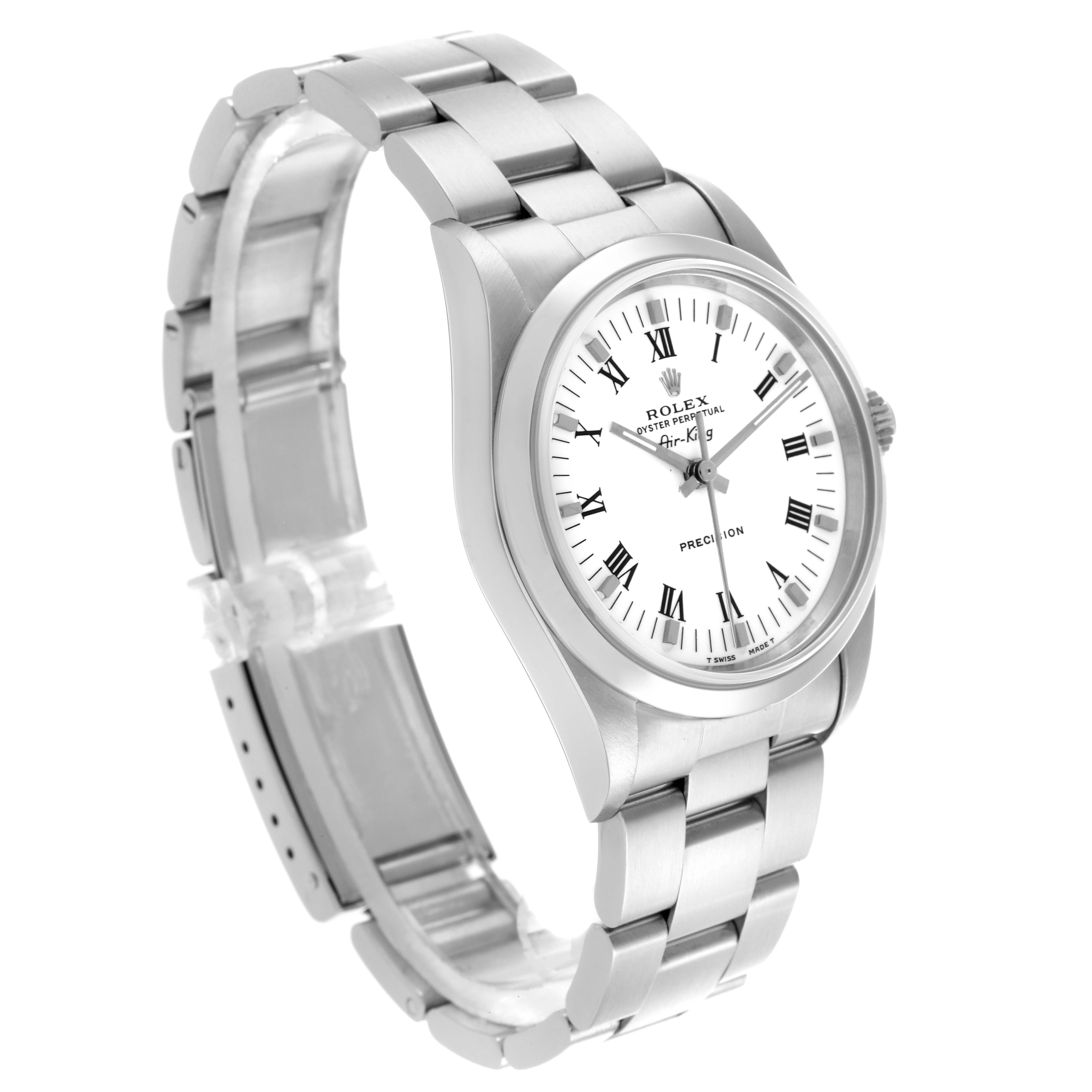 The Rolex Air-King 14000 Men's Stainless Steel White Dial 14000 Men's Stainless Steel White Dial watch is shown at a three-quarter angle, displaying the face, bezel, bracelet, and crown.