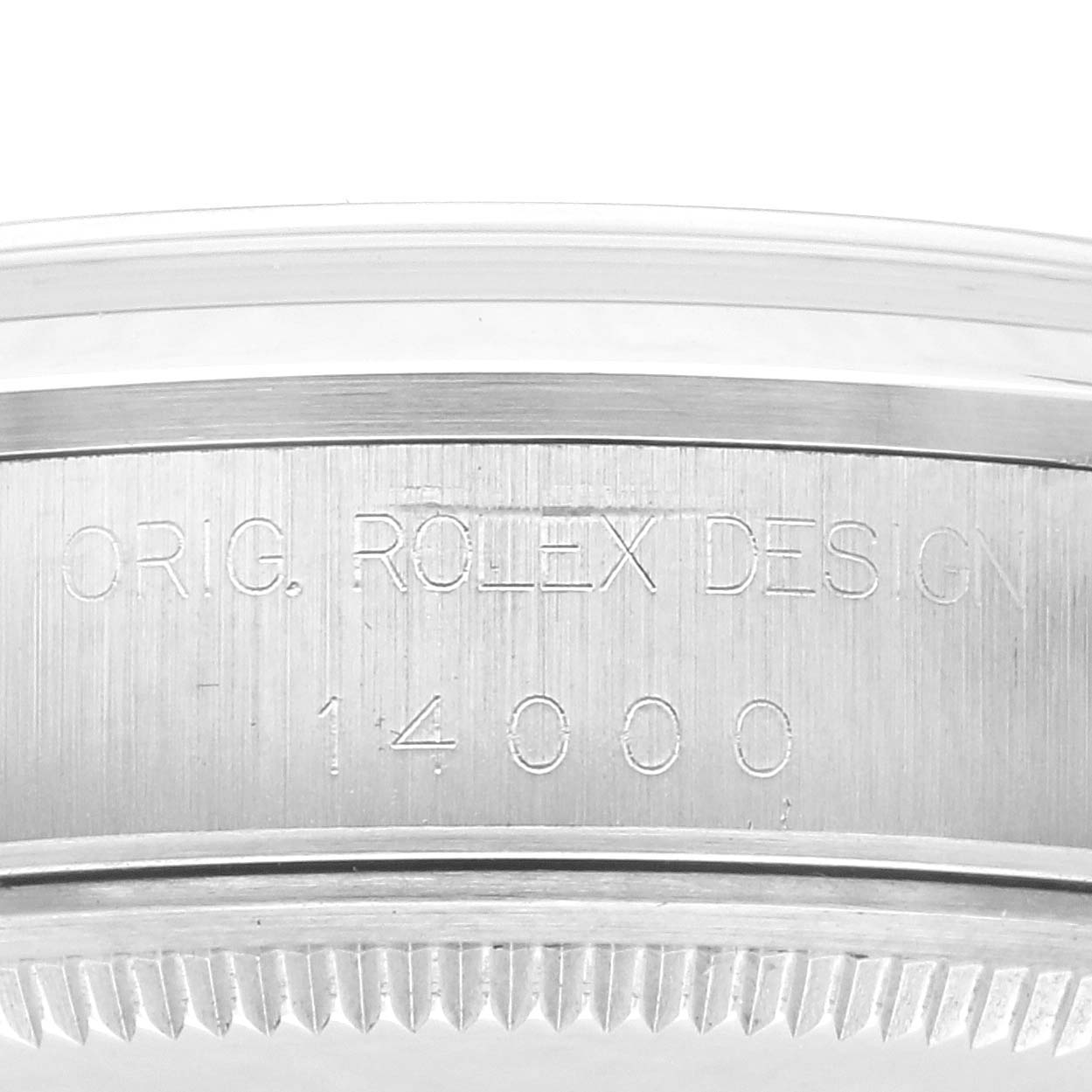 The image shows the side view of the case with engraving details of the Rolex Air-King 14000 Men's Stainless Steel White Dial 14000 Men's Stainless Steel White Dial model.