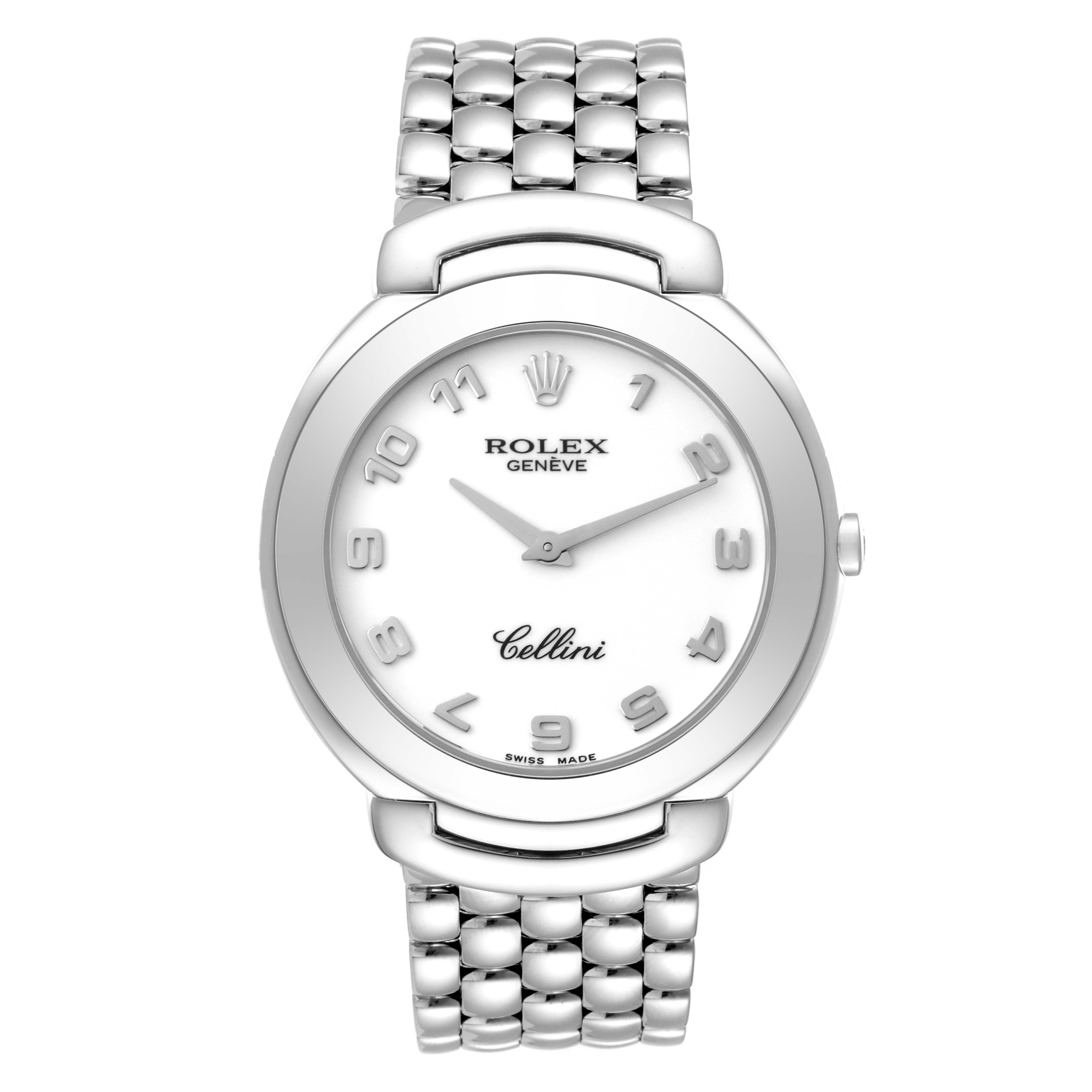 The image shows a front view of the Rolex Cellini 6623 Men's White Gold White Dial 6623 Men's White Gold White Dial watch, displaying its face, bezel, and bracelet.