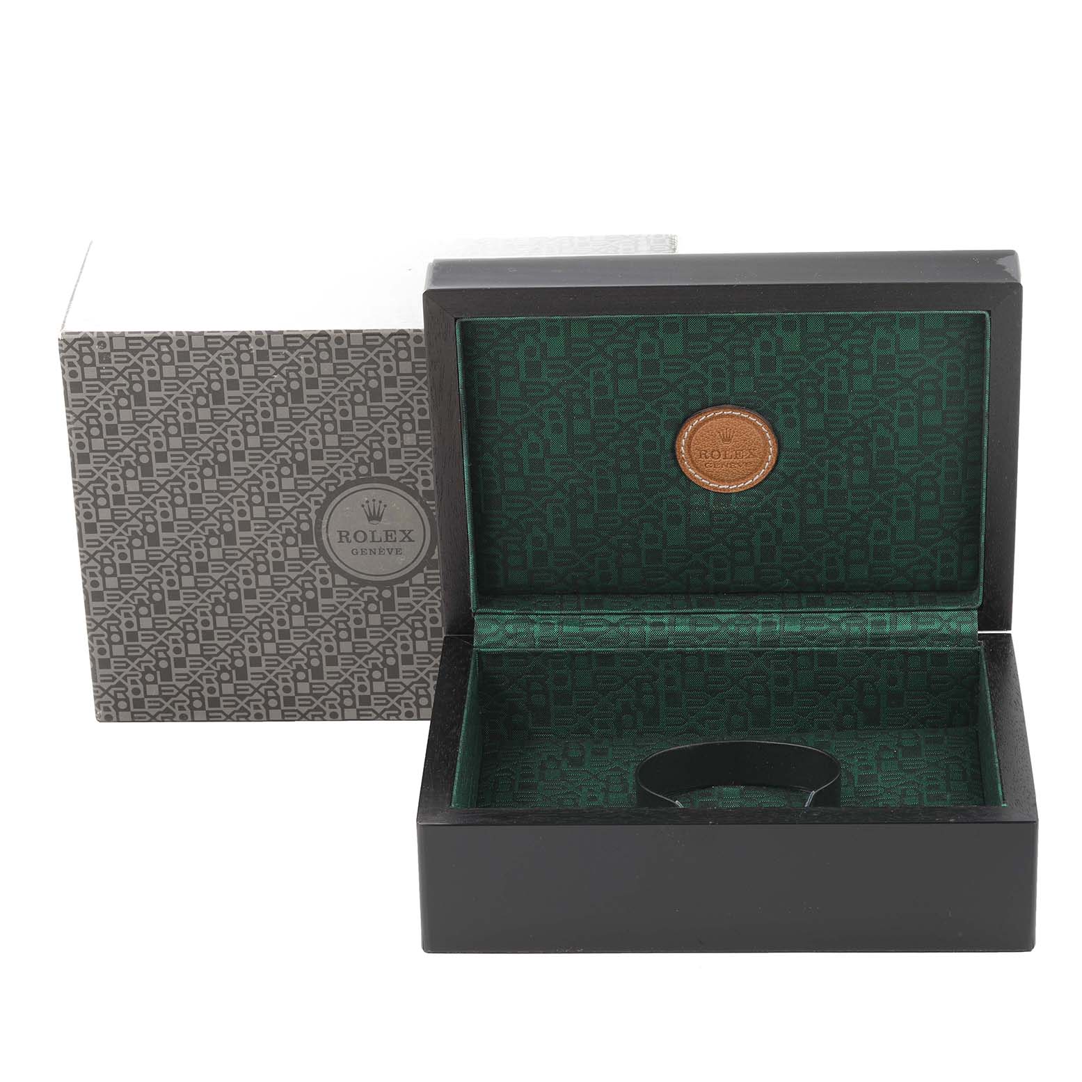 This image shows an empty open box of the Cellini model by Rolex, with the wrist cushion visible.