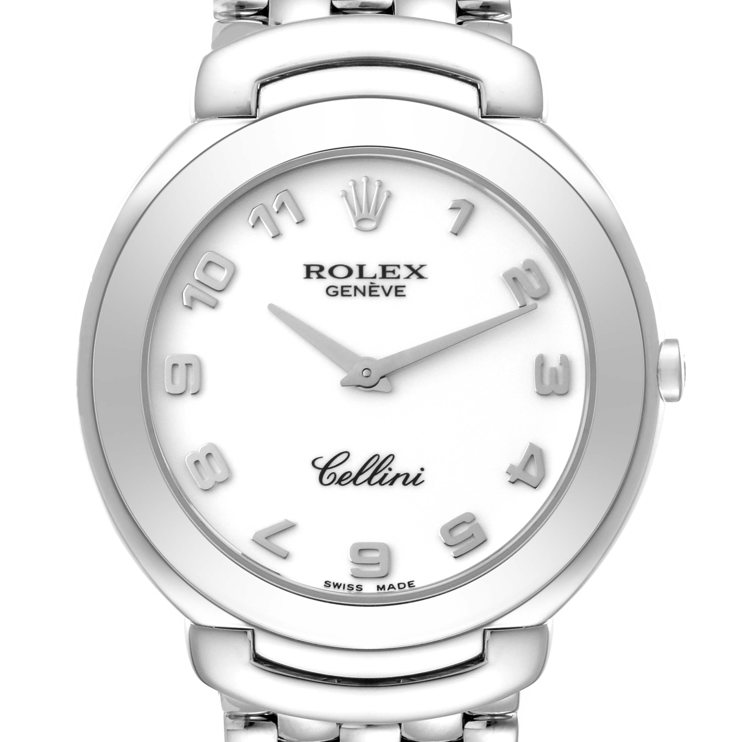 This image shows a frontal view of a Rolex Cellini 6623 Men's White Gold White Dial 6623 Men's White Gold White Dial watch, focusing on the face, bezel, and part of the bracelet.