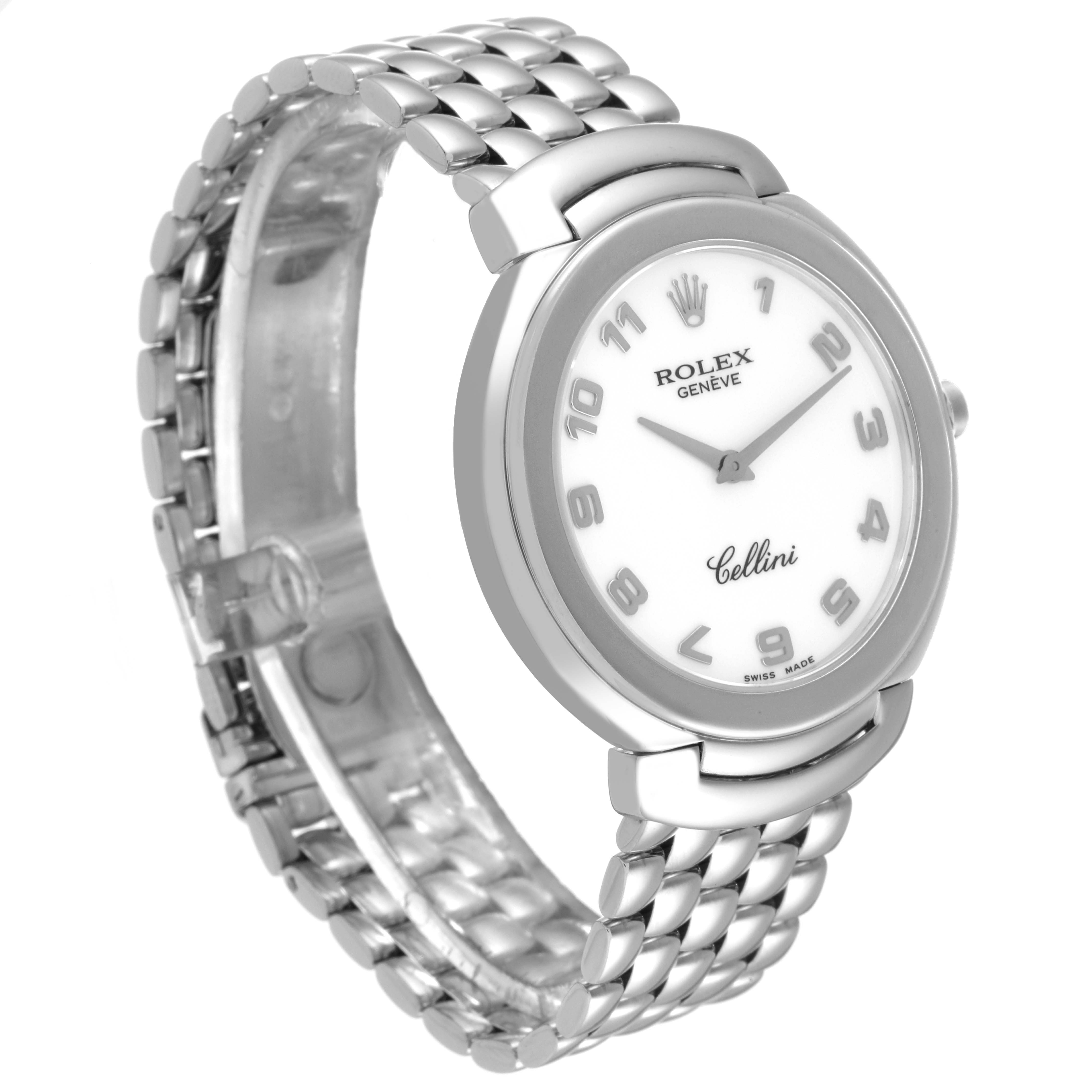 The image shows a Rolex Cellini 6623 Men's White Gold White Dial 6623 Men's White Gold White Dial watch at a three-quarter angle, highlighting its face and metallic bracelet.