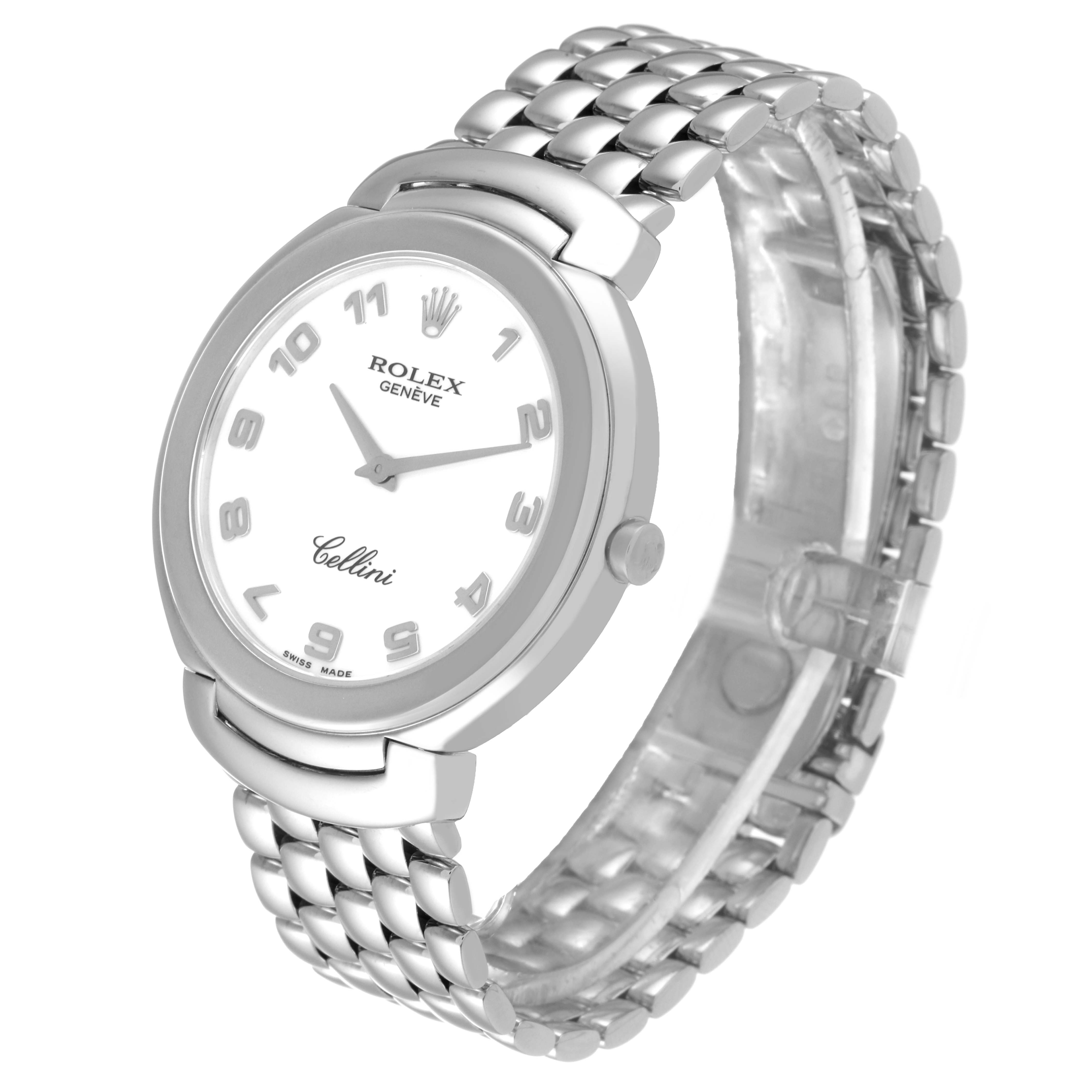 The Rolex Cellini 6623 Men's White Gold White Dial 6623 Men's White Gold White Dial watch in the image is shown at a three-quarter angle, displaying the face, bezel, crown, and bracelet.