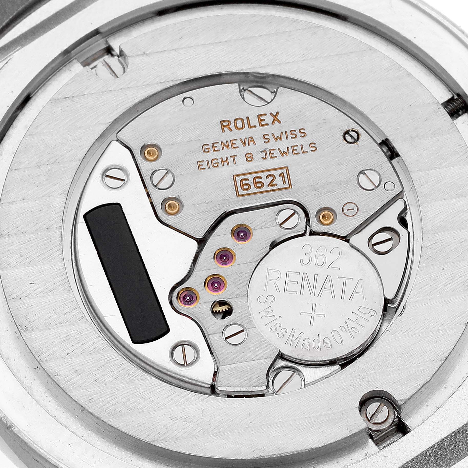 This image shows a close-up of the internal mechanism and battery of a Rolex Cellini 6623 Men's White Gold White Dial 6623 Men's White Gold White Dial watch.