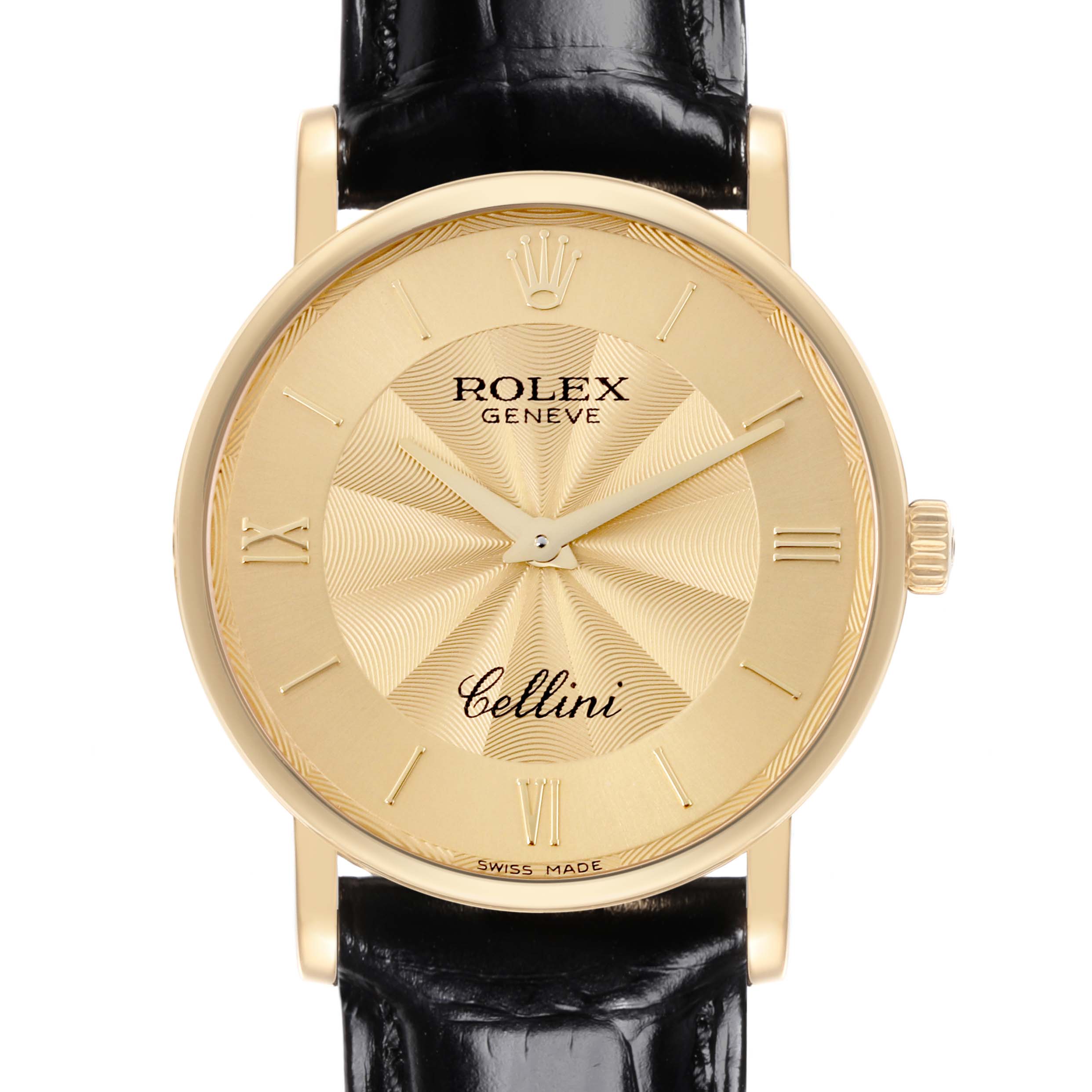 The Rolex Cellini 5115 Men's Yellow Gold Champagne Dial 5115 Men's Yellow Gold Champagne Dial watch is shown from the front, displaying the entire watch face, bezel, and part of the leather strap.
